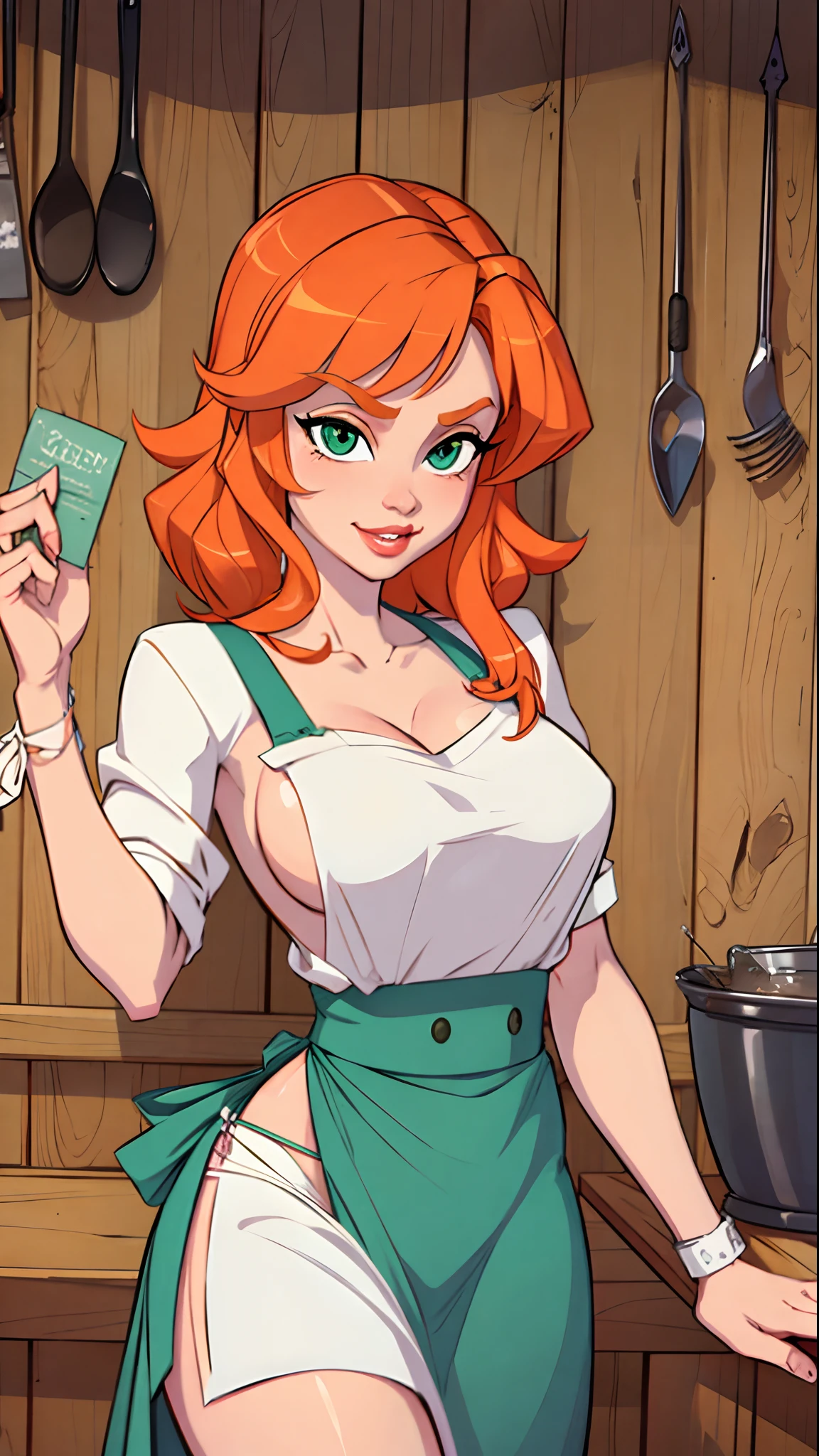 1girl, Best quality, masterpiece, cowboy shot, orange hair, green eyes, tight cloth, apron, kitchen