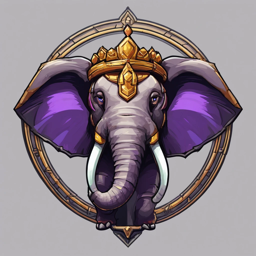 Game medallion with closeup of metal elephant head with crown,, Hearthstone Art Style, Hearthstone Style Art, hearthstone concept art, Game Riot Concept Art, Estilo de League of Legends, iconic character splash art, Coloa de League of Legends,Game emblem,Perimeter Metal Penalty,Purple Gold,C4D Rendering,less details,Reduce fineness