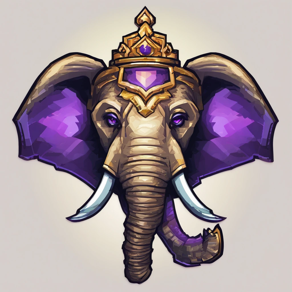 Game medallion with closeup of metal elephant head with crown,, Hearthstone Art Style, Hearthstone Style Art, hearthstone concept art, Game Riot Concept Art, Estilo de League of Legends, iconic character splash art, Coloa de League of Legends,Game emblem,Perimeter Metal Penalty,Purple Gold,C4D Rendering,less details,Reduce fineness