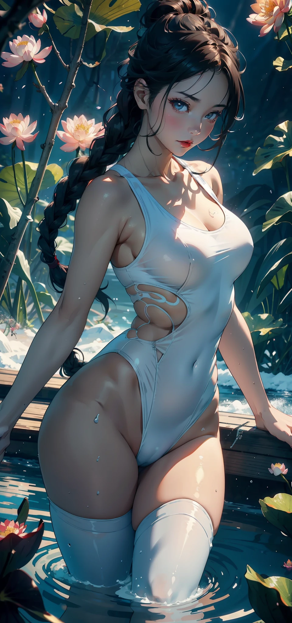 1female，35yo，plumw，extremely large bosom， 独奏，（Background with：ponds，Cherry blossom forest，lotus flower）Lie underwater， She has short black hair，standing on your feet，seen from the front， Twist braids， mostly cloudy sky，（（（tmasterpiece），（Very detailed CG unity 8K wallpaper），best qualtiy，cinmatic lighting，detailed back ground，beatiful detailed eyes，Bright pupils，Black eyes，Snow-whiteskin，Redlip（Very fine and beautiful），（Beautiful and detailed eye description），ultra - detailed，tmasterpiece，））facing at camera，A high resolution，ultra - detailed），revealing breasts，Bare genitalia，  Bulge，legs are open，Raised sexy，Camel toes，Flushed complexion，Desire for dissatisfaction，frontage，athlete，White transparent swimsuit，Red Cross Mark