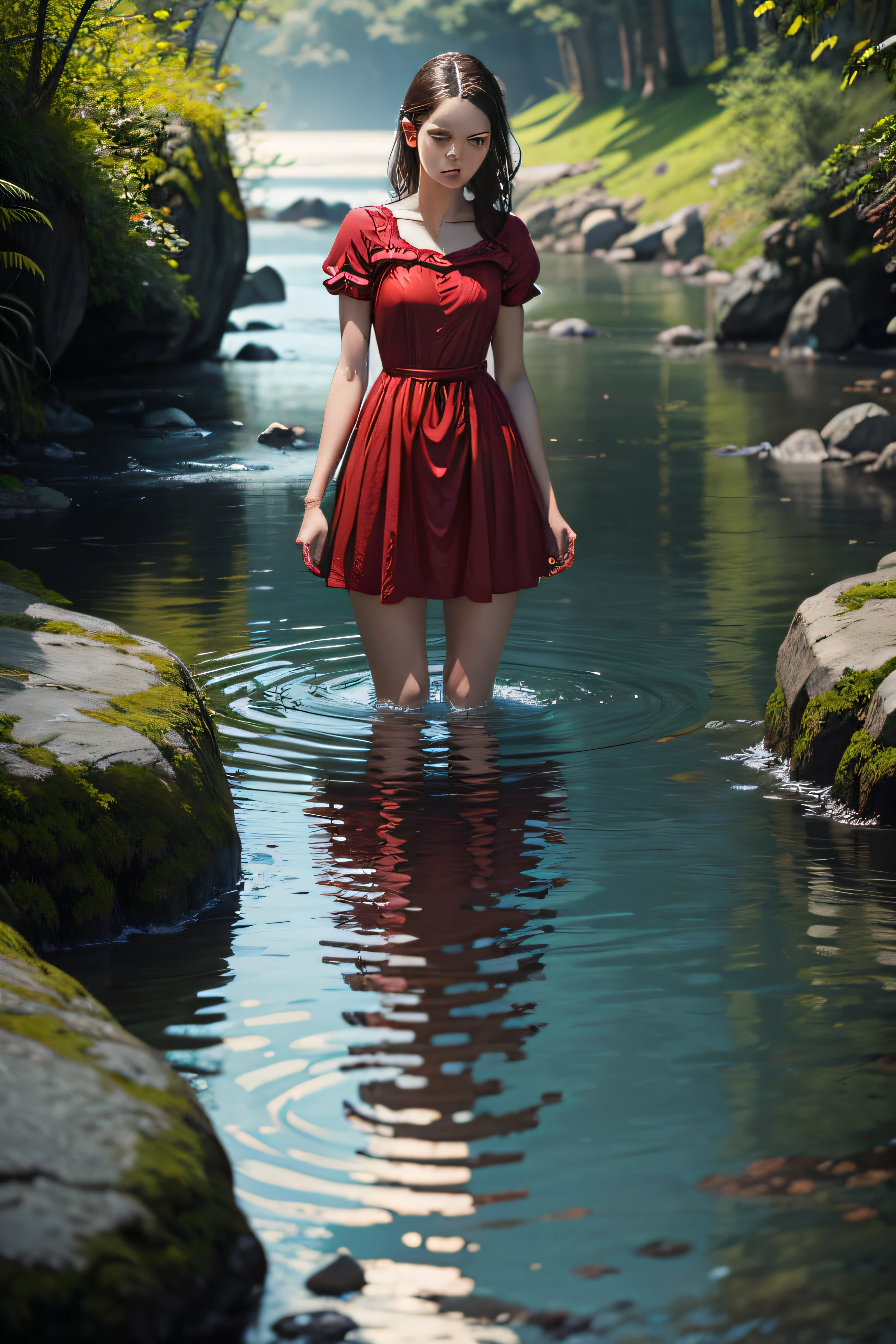 girl at the water, erwin olaf style,red dress, blue water