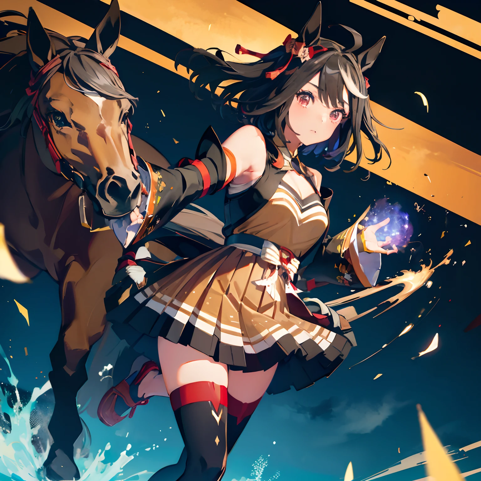 「​masterpiece,top-quality,a closeup,Face Shots,kitasan black_(Umamusume), 1girl in,Animal ears ,Horse ears ,Horse Girl ,Horse tail,masutepiece, Best Quality,Hair Ribbon, Hair Ornament, Fingerless gloves, yellow gloves, Komono, Long sleeves, Wide sleeves, Detached sleeves, Bare shoulders, Clothes Cutout, cleavage cutout, Kohaku ship, Brown skirt, Pleated skirt, zettai ryouiki, black thighhighs, Sandals, red footwear, 」