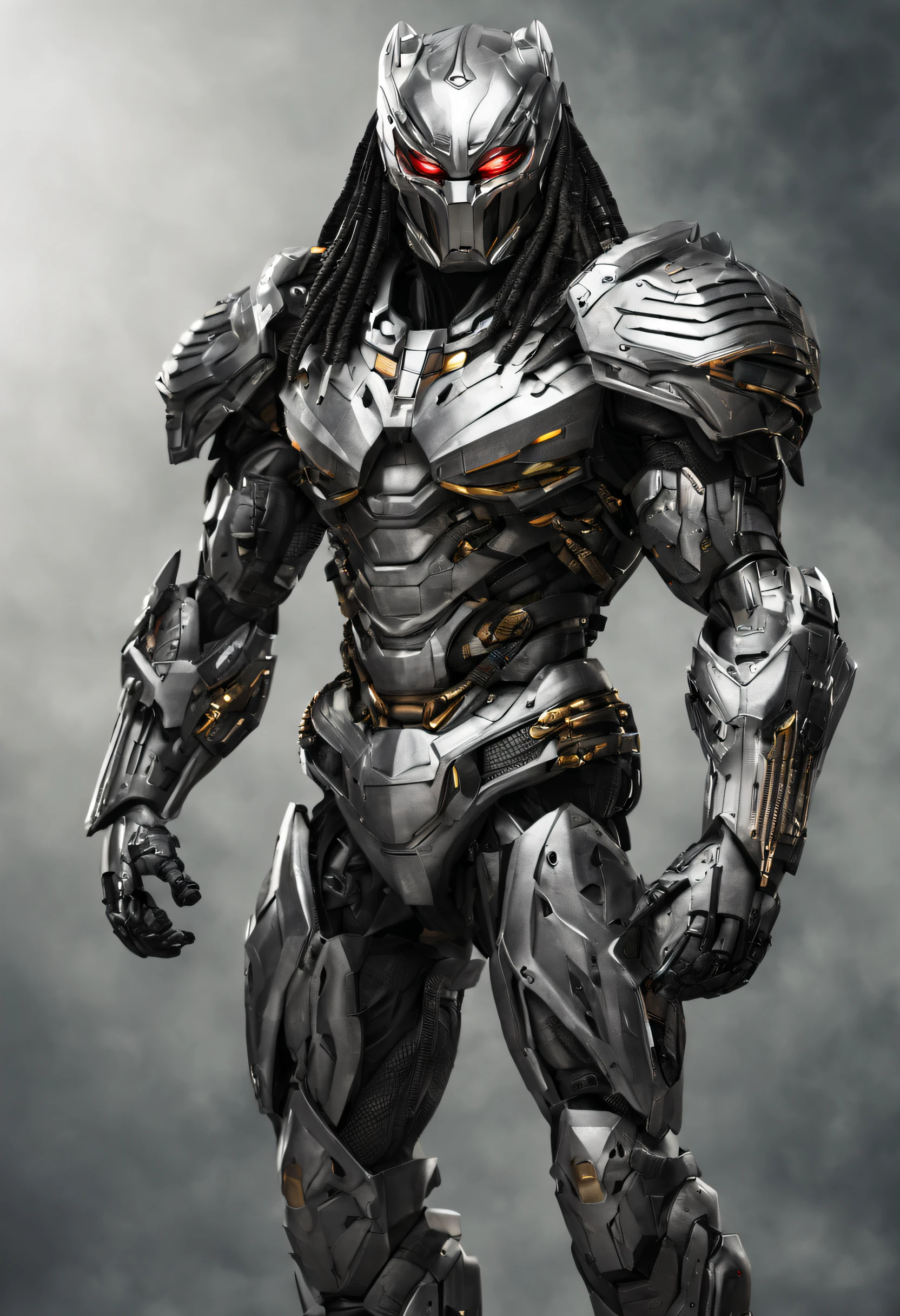 predator，full body photo，gray skin with scales, Cybernetic, technological silver armor details, Robotic armor, Batman, Authentic background