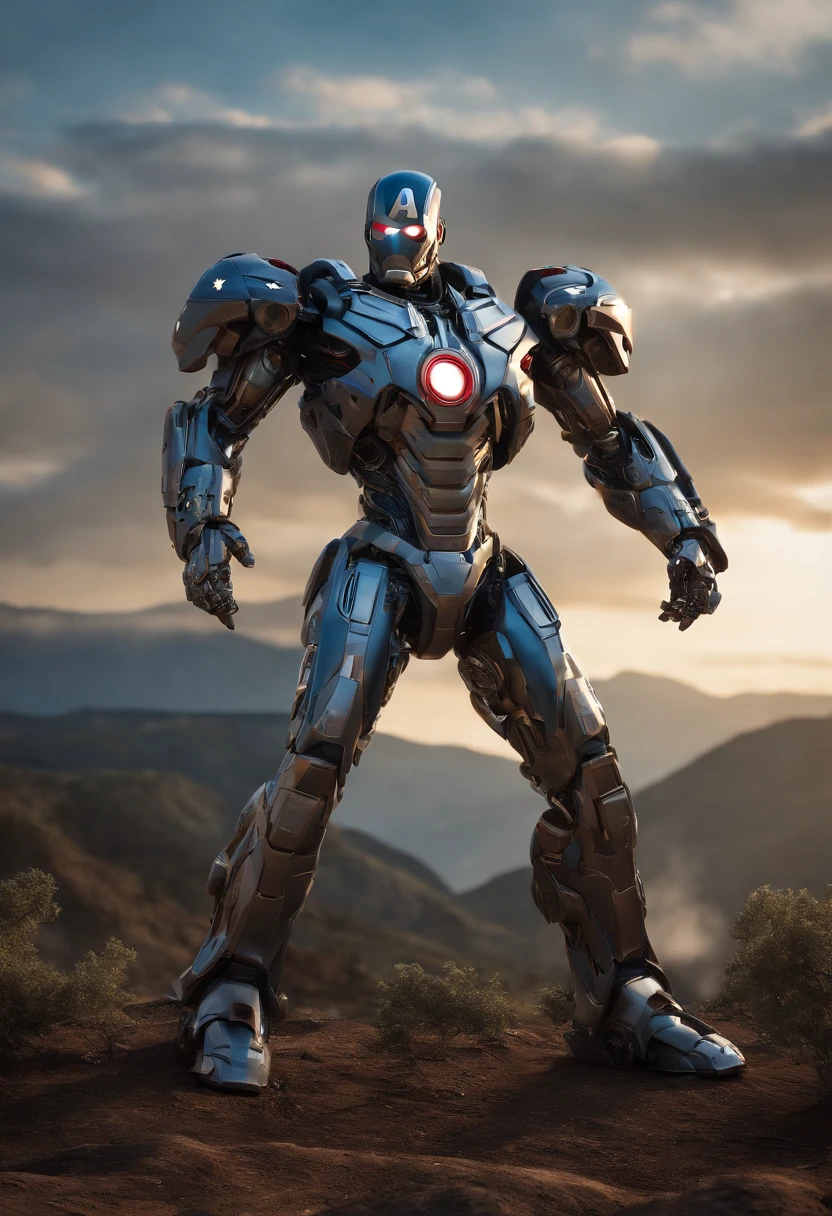 Captain America Mech, Action Pose, Complex 3D rendering of beautiful and fascinating biomechanical male robot, Mythical Alien Jaeger Mech, powerful, evil, 3d render, in the style of natural fractal armor, Chromecore armor, Robotcore, cyberpunk, photorealistic, standing at a distance in middle of valley, wide angle view
