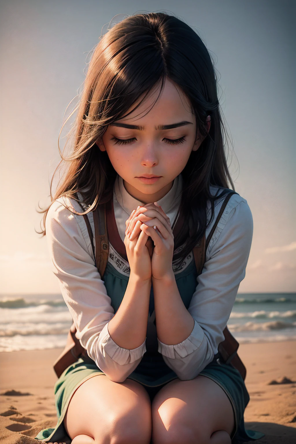 Create an image of someone kneeling in prayer, with her hands together, as a representation of the beginning of the text: "Eu estava rezando por um milagre".