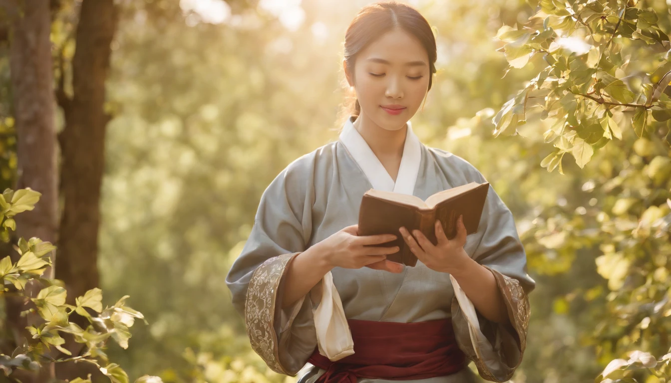 (Best Quality,Ultra-detailed,realisitic:1.37),portrait of a,Korean men and women reading the Bible,Oil Painting,Traditional Korean Costume,Peaceful garden scene,Soft sunlight,tranquil expression,wisdom,Bible Quotes,vibrant colours,delicate brushwork,subtle textures,lush greenery,Contemplative atmosphere,Beautiful picture book,Highlighted features:Eyes in focus,gentle smiling,Graceful posture,Sunlight shining through the trees,rays,Quiet surroundings,serene ambiance,A Blessed Moment