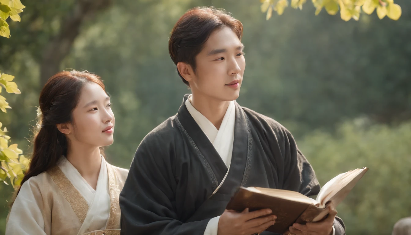 (Best Quality,Ultra-detailed,realisitic:1.37),portrait of a,Korean men and women reading the Bible,Oil Painting,Traditional Korean Costume,Peaceful garden scene,Soft sunlight,tranquil expression,wisdom,Bible Quotes,vibrant colours,delicate brushwork,subtle textures,lush greenery,Contemplative atmosphere,Beautiful picture book,Highlighted features:Eyes in focus,gentle smiling,Graceful posture,Sunlight shining through the trees,rays,Quiet surroundings,serene ambiance,A Blessed Moment