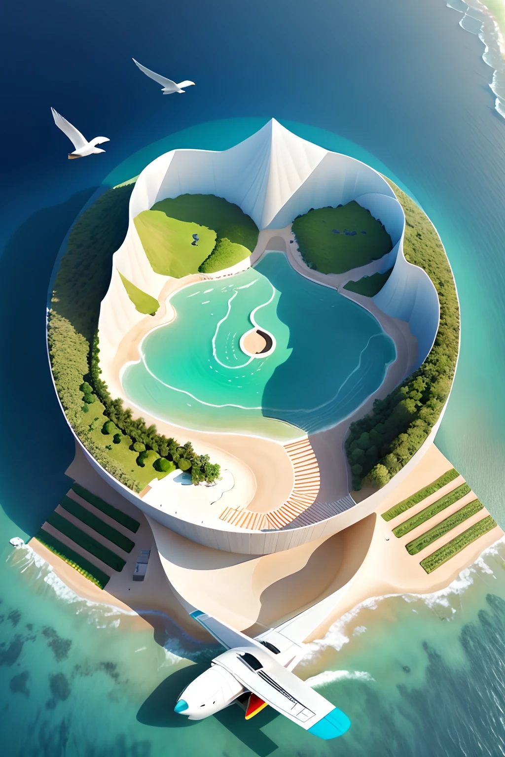 aerial view from above, island, surrounded by the sea, An island in the shape of a bird, The island is covered with greenery, The island has white sandy beaches , There is a ship at sea, There are seagulls, Drone photography, ariel view, tropical island, aerial photography, Very close to real nature