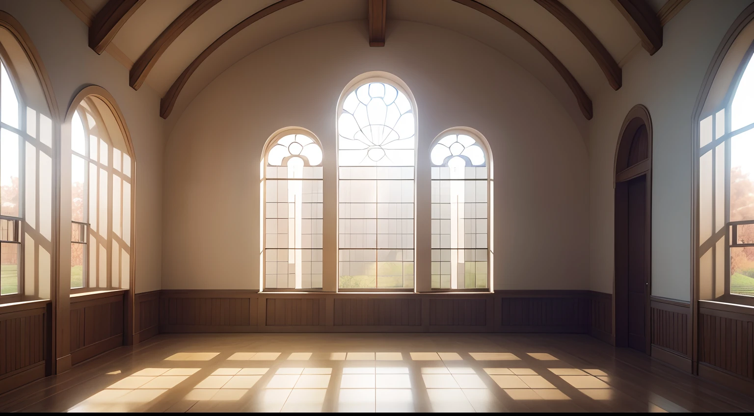 There is a large room with a lot of windows and a lot of light,white walls、Brown floor、 Many large windows, large glass windows, Large windows, Realistic Window, sunlight streaming through window, Sunlit windows, 80s interior with arched windows, detailed archviz render, White Sweep Arch, Wide open windows, Sunlight streaming through the window, Lots of windows, Natural window lighting, Large window