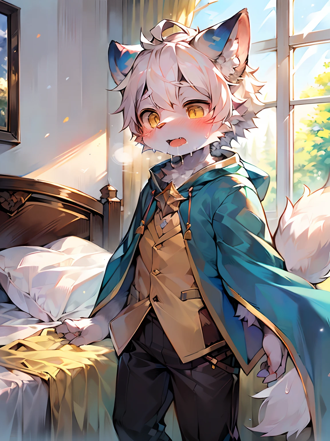 (Bright Environment: 0.8), Masterpiece, High Quality, Abstract Res, Digital Painting\(artwork\), by Dagasi, Cuihongshi, Yupa, Kiyosan, (Anthro, Fluffy Fur, Character Focus: 1.1), Anthro Male Cat, Short hair,portrait, bright eyes, panorama, character focus. (Detailed background: 0.7), Double, Furry, Furry Male, Male Focus, Anthr, (Full body fur, Fluffy tail, Gray-blue fur, Yellow eyes, White hair: 1.2), (Long canine, yellow cape, sweating, drooling: 1.2), (Inside, Midday, Bedroom, In Bed: 1.1)