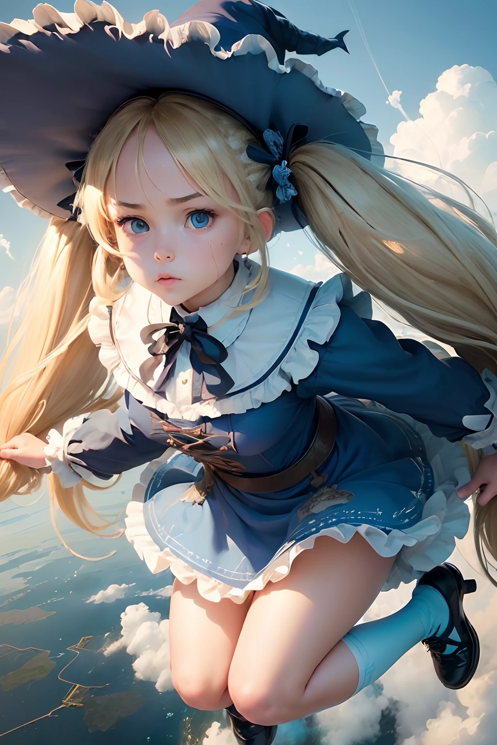 A close up of a girl in a hat and dress flying through the air - SeaArt AI