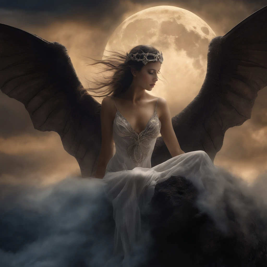 ((best quality)), ((masterpiece)), (detailed), alluring succubus, ethereal beauty, perched on a cloud, (fantasy illustration:1.3), enchanting gaze, captivating pose, delicate wings, otherworldly charm, mystical sky, (Luis Royo:1.2), (Yoshitaka Amano:1.1), moonlit night, soft colors, (detailed cloudscape:1.3), (high-resolution:1.2)