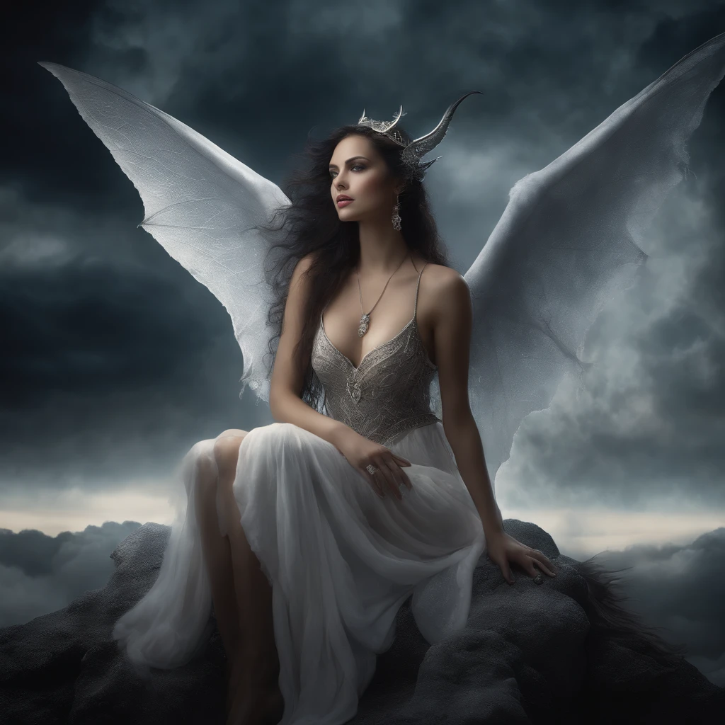 ((best quality)), ((masterpiece)), (detailed), alluring succubus, ethereal beauty, perched on a cloud, (fantasy illustration:1.3), enchanting gaze, captivating pose, delicate wings, otherworldly charm, mystical sky, (Luis Royo:1.2), (Yoshitaka Amano:1.1), moonlit night, soft colors, (detailed cloudscape:1.3), (high-resolution:1.2)