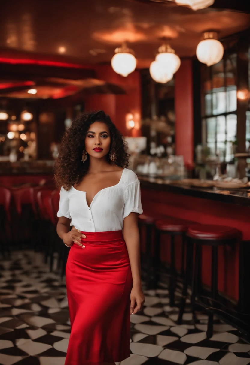 Brown woman in a restaurant with a very sexy red skirt and a little white T-shirt