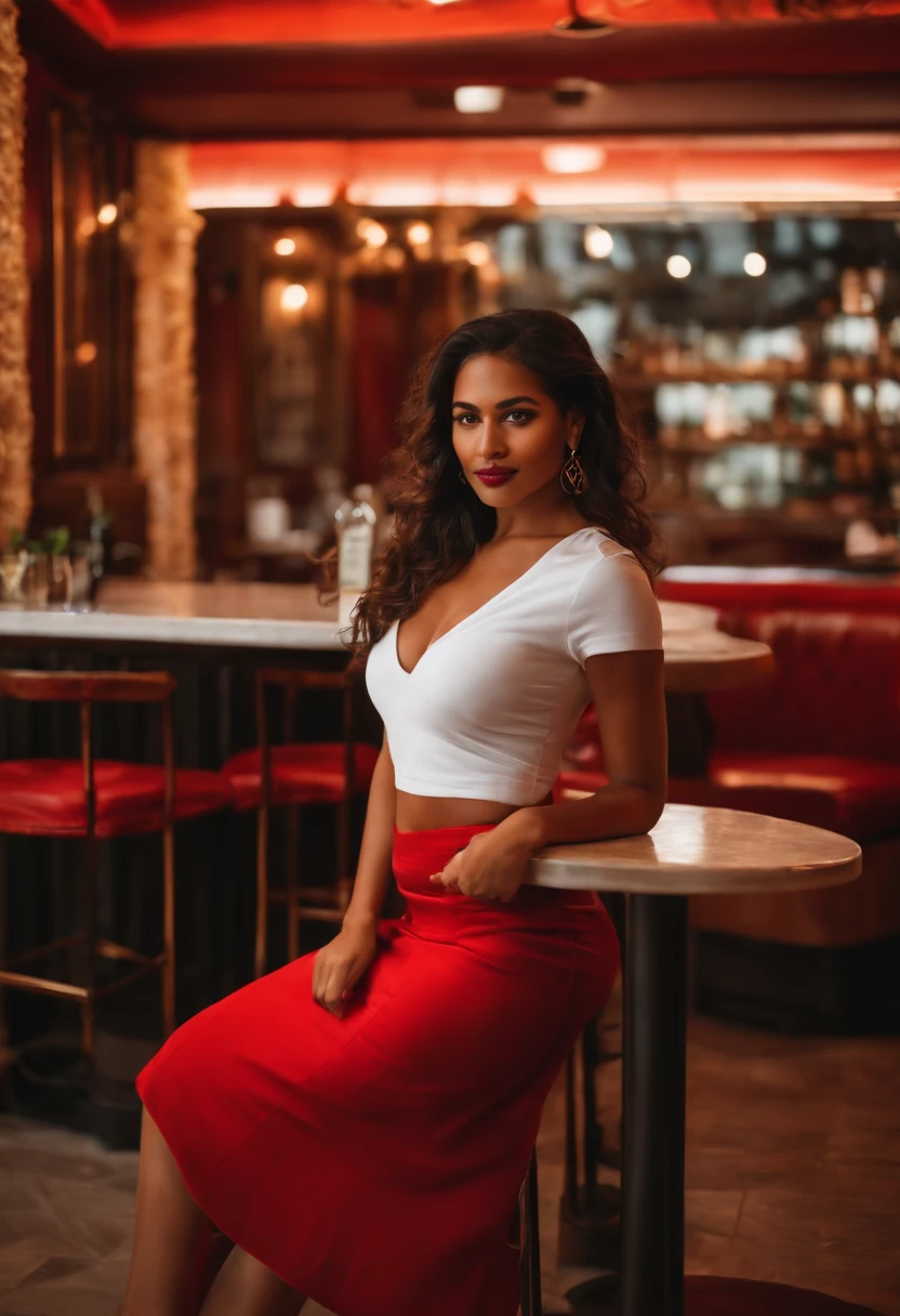 Brown woman in a restaurant with a very sexy red skirt and a little white T-shirt