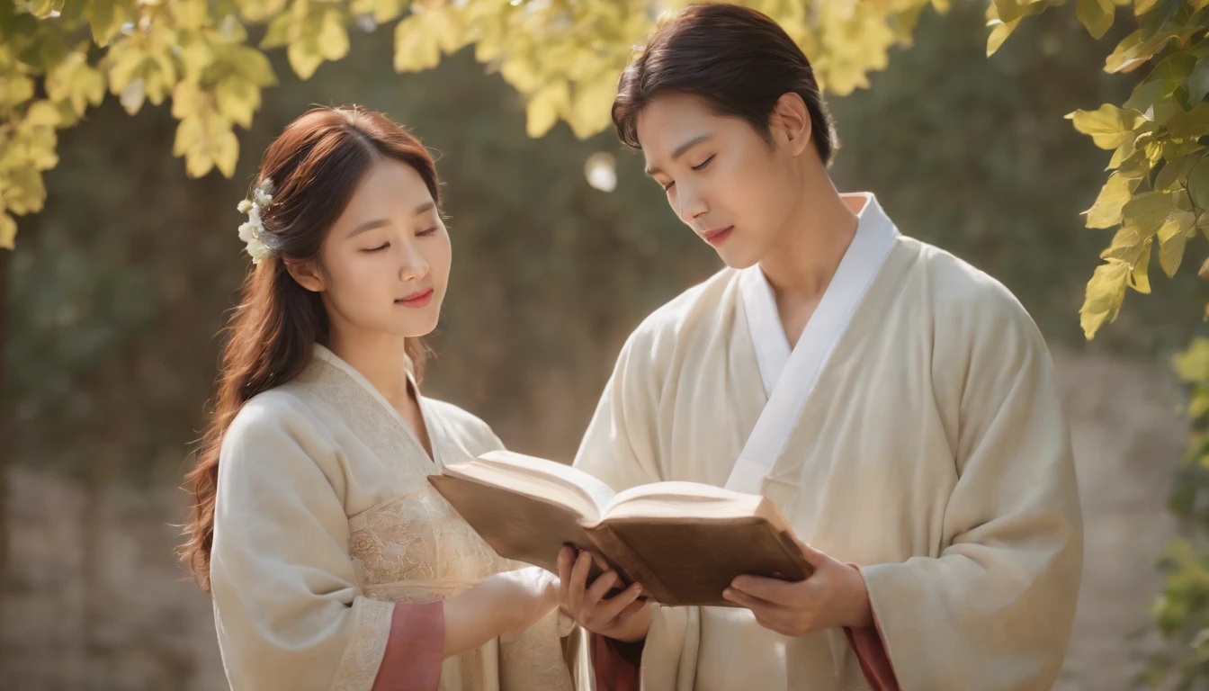 (Best Quality,Ultra-detailed,realisitic:1.37),portrait of a,Korean men and women reading the Bible,Oil Painting,Traditional Korean Costume,Peaceful garden scene,Soft sunlight,tranquil expression,wisdom,Bible Quotes,vibrant colours,delicate brushwork,subtle textures,lush greenery,Contemplative atmosphere,Beautiful picture book,Highlighted features:Eyes in focus,gentle smiling,Graceful posture,Sunlight shining through the trees,rays,Quiet surroundings,serene ambiance,A Blessed Moment