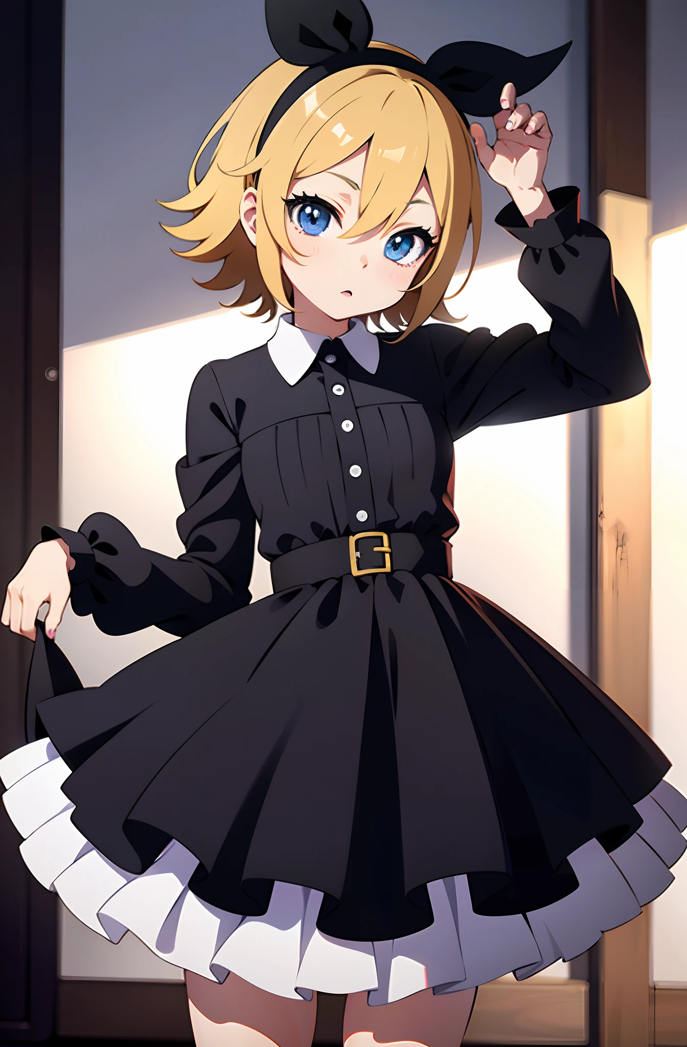 Kagamine rin , vocaloid , Imagen de estilo de una mujer con uniforme blanco y negro, Loli en vestido, Chica anime con un vestido negro, seductora chica de anime, Lindo anime waifu en un bonito vestido, Render de una linda chica de anime 3D, Render fotorrealista de Anime Girl, Anime CG arte suave, Hecho con Anime Painter Studio, small curvy loli