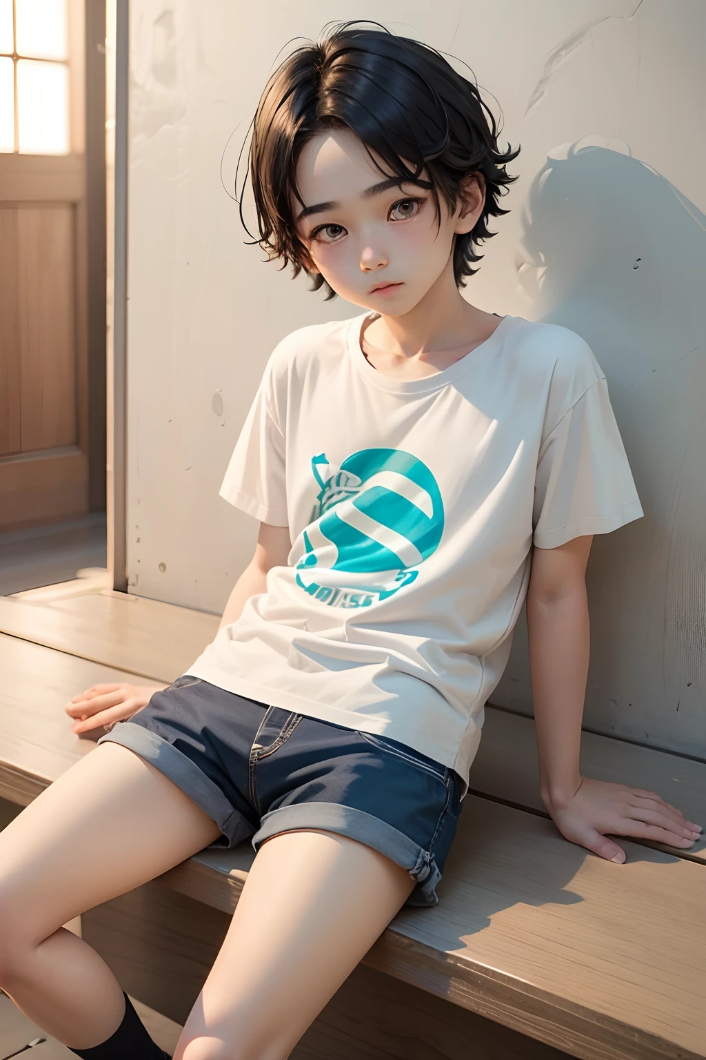 13 years old cute boy，Detailed face，Detailed eyes，二重まぶた，sitted，Wear shorts and short sleeves，Fall