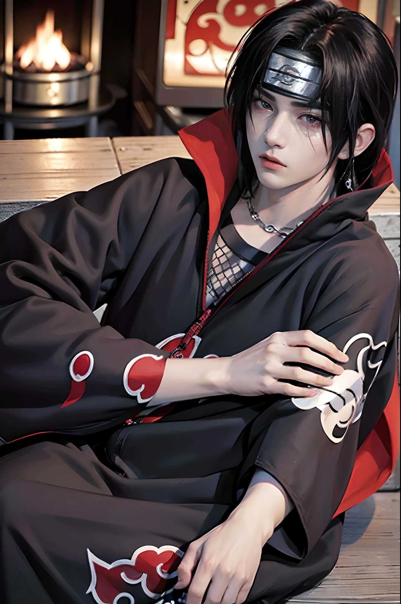 ((4K works))、​masterpiece、（top-quality)、((high-level image quality))、((One Manly Boy))、Slim body、((Uchiha Itachi Cosplay))、((Uchiha Itachi))、((Cosplay))、(Detailed beautiful eyes)、((Smaller face))、((Neutral face))、((18year old))、((Handsome man))、((photo of a model))、((Like a celebrity))、Professional Photos、((cosplay foto))、((Shot alone))、((shot from a side angle))、((Naruto's Akatsuki Costume))