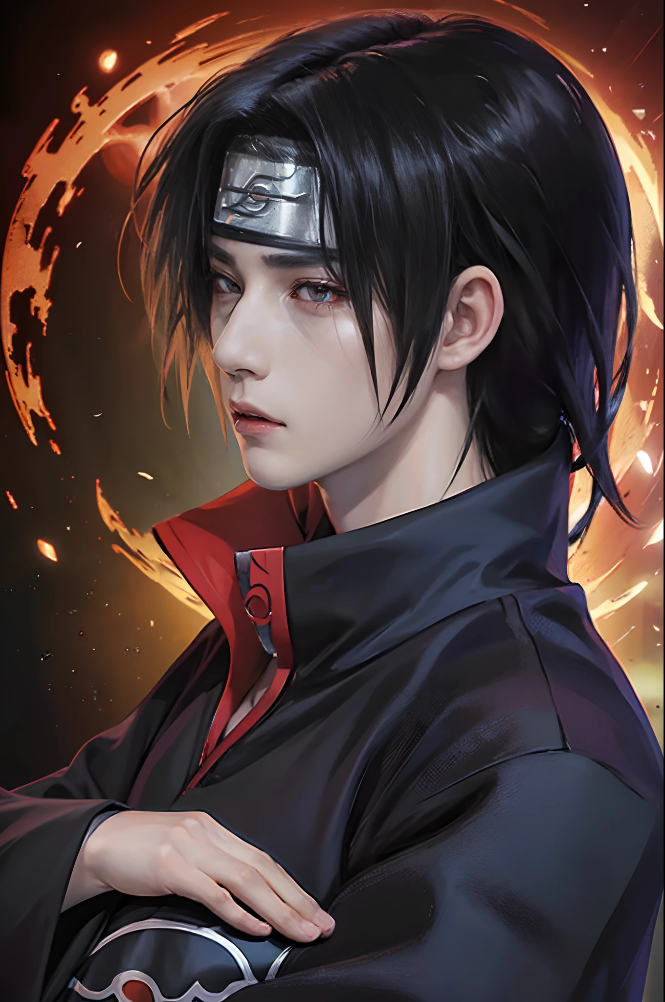 ((4K works))、masterpiece、(top-quality)、((high-level image quality))、((One Manly Boy))、Slim body、((Uchiha Itachi Cosplay))、((Uchiha Itachi))、((Cosplay))、(Detailed beautiful eyes)、((Smaller face))、((Neutral face))、((18year old))、((Handsome man))、((photo of a model))、((Like a celebrity))、Professional Photos、((cosplay foto))、((Shot alone))、((shot from a side angle))、((Naruto's Akatsuki Costume))