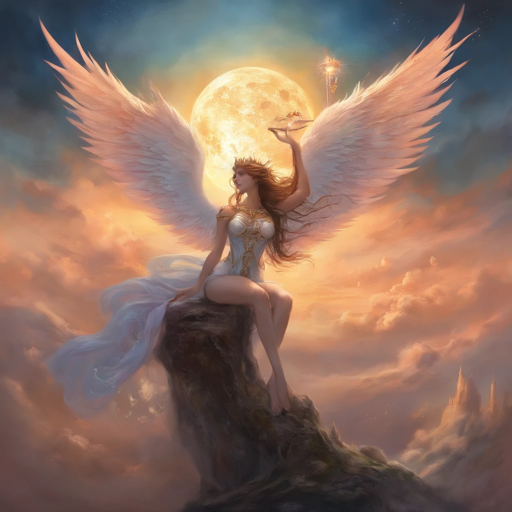 ((best quality)), ((masterpiece)), (detailed), alluring succubus, ethereal beauty, perched on a cloud, (fantasy illustration:1.3), enchanting gaze, captivating pose, delicate wings, otherworldly charm, mystical sky, (Luis Royo:1.2), (Yoshitaka Amano:1.1), moonlit night, soft colors, (detailed cloudscape:1.3), (high-resolution:1.2)