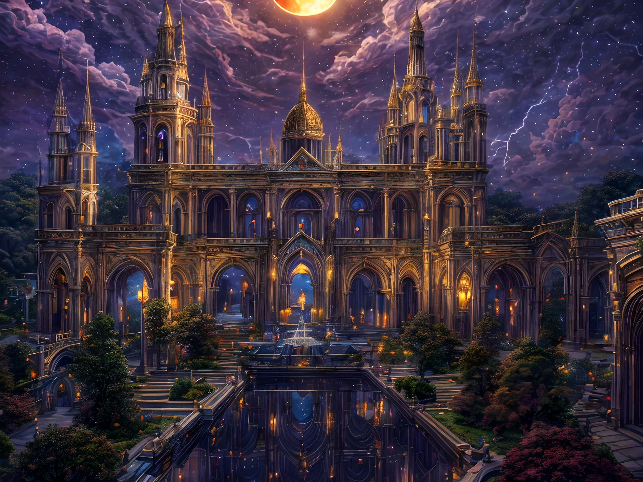 fantasy art, RPG art, photograph, RAW, (Ultra detailed: 1.5), Best Detailed, picture of temple of magic worship, an epic fantasy building intensive art work, live like statues, stained glass art, Renaissance art work with, decorations of (fire: 1.2), BREAK and (lightning: 1.2) BREAK and (earth: 1.2) decorating the building, a medium distance shot, night time, full moon, stars. fantasy magical city background, (masterpiece: 1.5), best quality, (extremely detailed), ultra wide shot, photorealism, depth of field, hyper realistic, 2.5 rendering