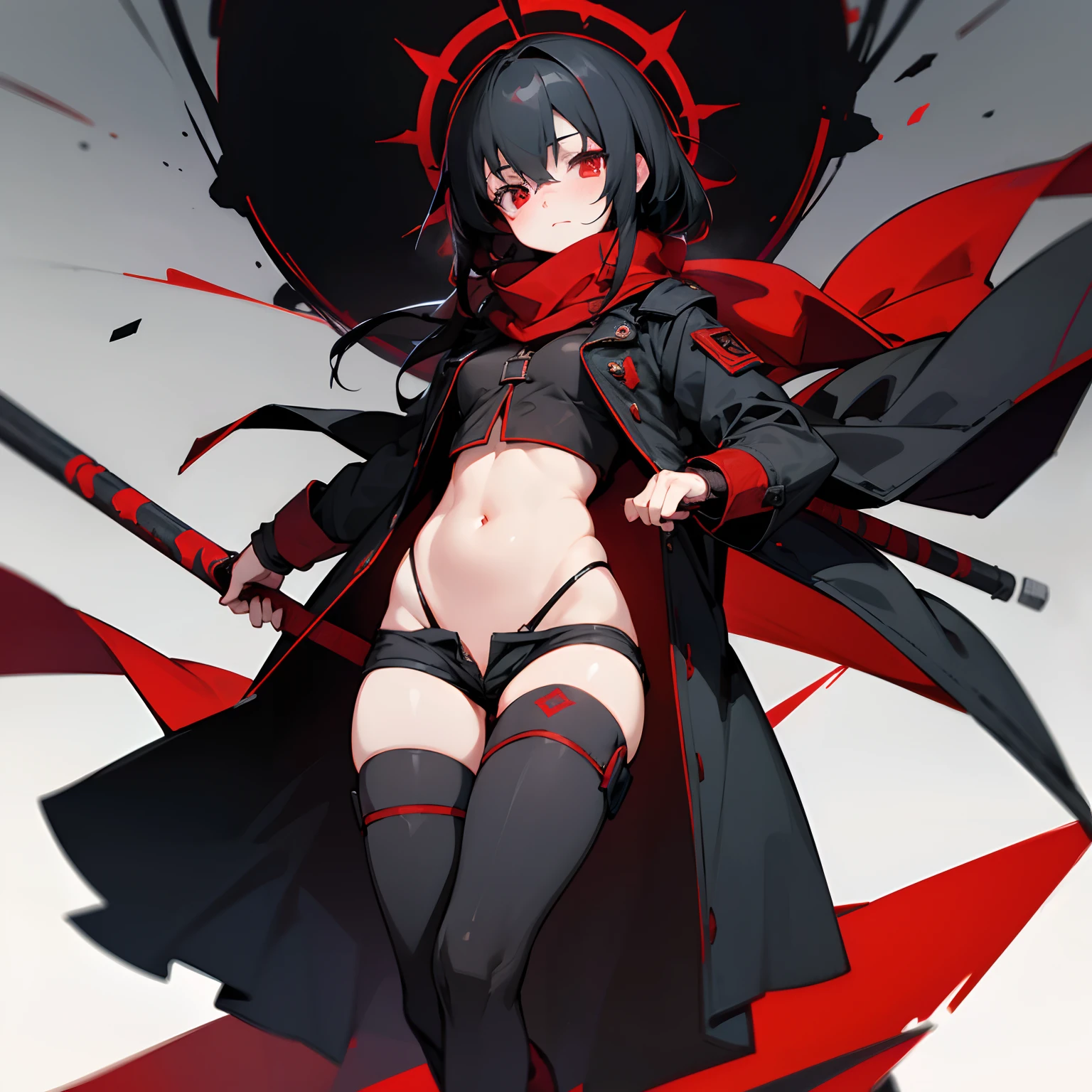 Black hair, Bright red eyes, black greatcoat, Red scarf, A coat with black engraved red runes, Empty eyes, boot,Ultra-short vest, Ultra shorts, bit girl, showing belly, 8K, Super detail,Obscene lines,NSFW,Bundled,Croak