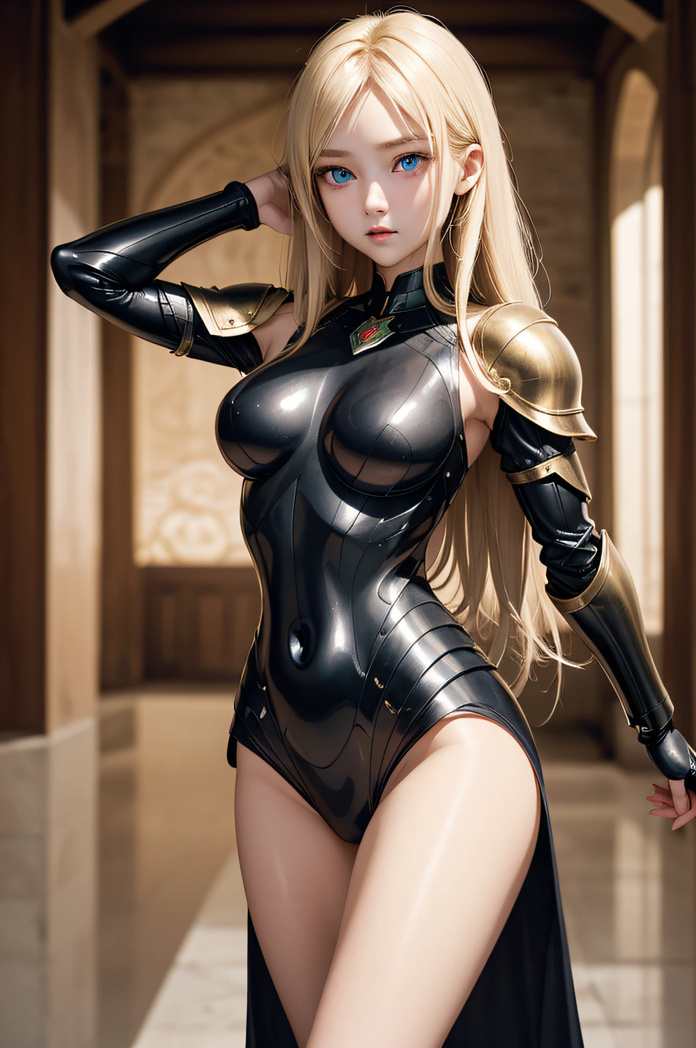 1a person、Unparalleled beauty, Lustrous firmness and shiny skin, Bangs between the eyes, Glossy Straight Beautiful Dazzling Golden Platinum Blonde, Super Long Straight Silky Hair, eye line, Sexy beautiful innocent , High definition big beautiful bright blue eyes, Beautiful and nice girl, Baby face, Fjet black armor、full-plate-armor、Beautiful big eyes、 a medieval castle、super moon,