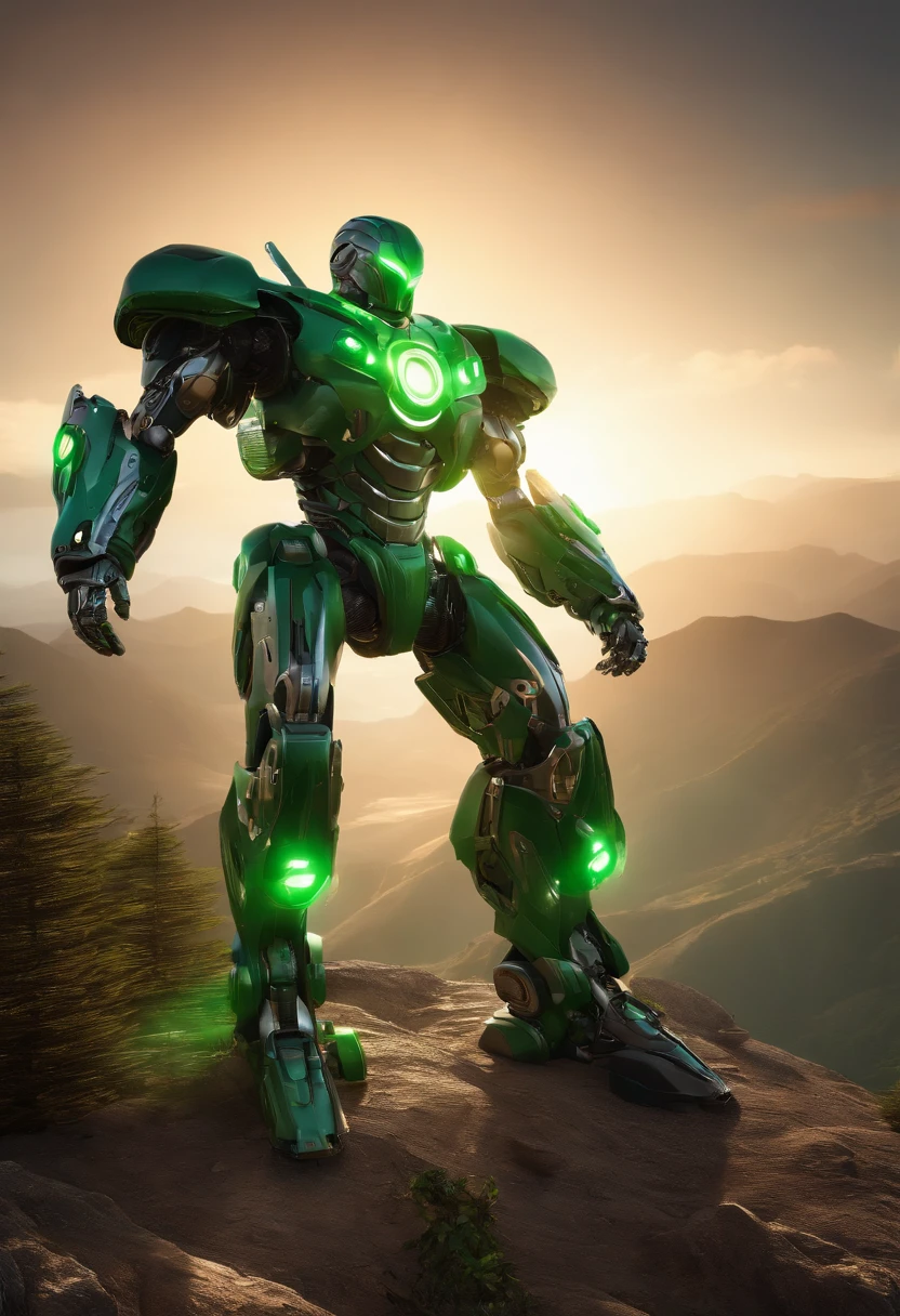 Green Lantern Mech, Action Pose, Complex 3D rendering of beautiful and fascinating biomechanical male robot, Mythical Alien Jaeger Mech, powerful, evil, 3d render, in the style of natural fractal armor, Chromecore armor, Robotcore, cyberpunk, photorealistic, standing at a distance in middle of valley, wide angle view