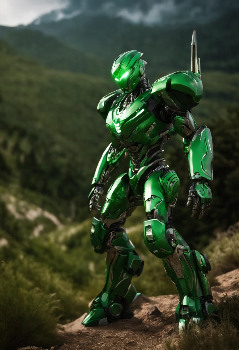 Green Lantern Mech, Action Pose, Complex 3D rendering of beautiful and fascinating biomechanical male robot, Mythical Alien Jaeger Mech, powerful, evil, 3d render, in the style of natural fractal armor, Chromecore armor, Robotcore, cyberpunk, photorealistic, standing at a distance in middle of valley, wide angle view