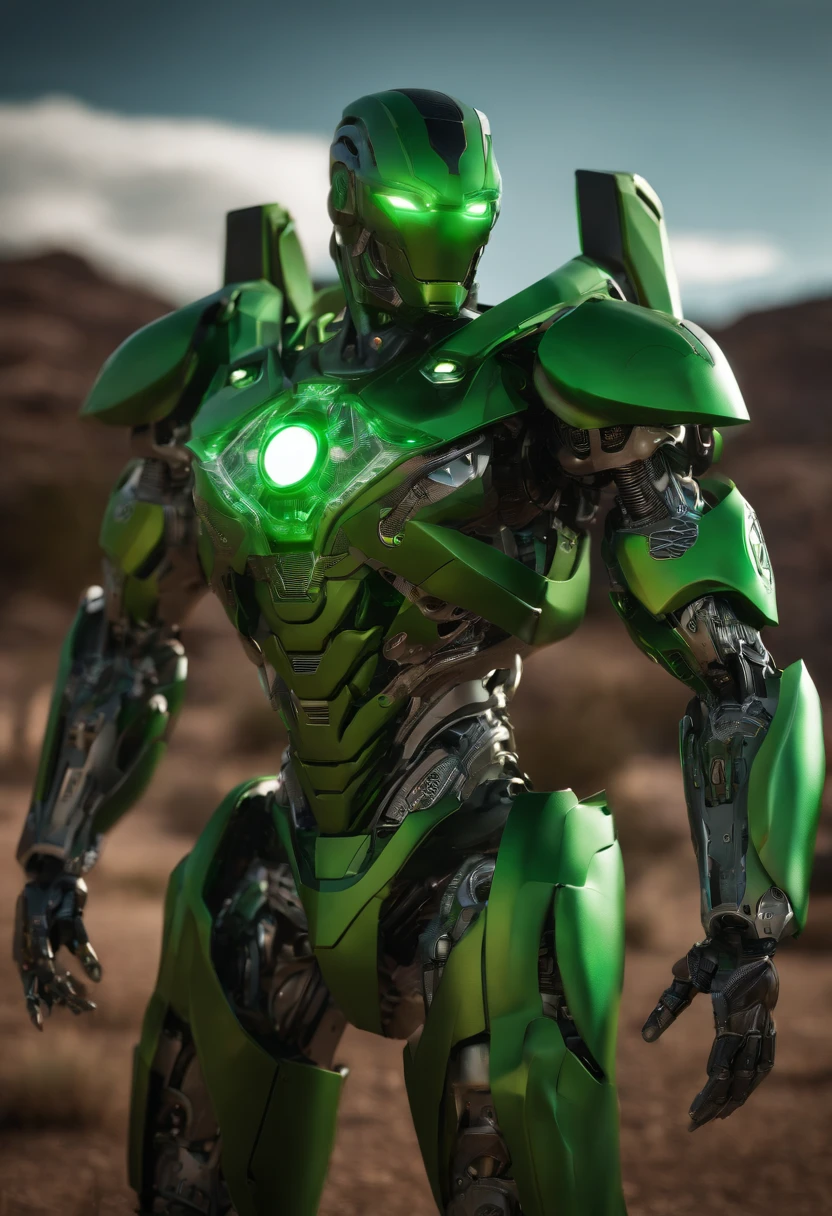 Green Lantern Mech, Action Pose, Complex 3D rendering of beautiful and fascinating biomechanical male robot, Mythical Alien Jaeger Mech, powerful, evil, 3d render, in the style of natural fractal armor, Chromecore armor, Robotcore, cyberpunk, photorealistic, standing at a distance in middle of valley, wide angle view