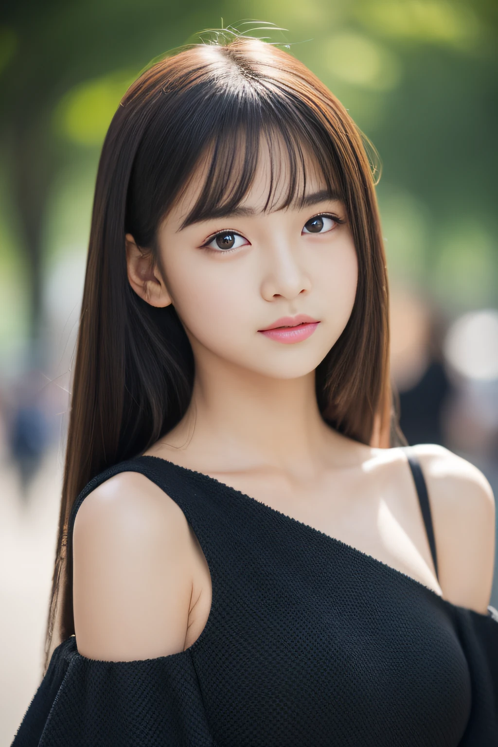 ((Pupils　14years)),8K、Highest image quality, excellent details, Ultra-high resolution, (Realism: 1.44), The best illustrations, Ultra-photorealistic photos、kawaii faces:1.23、skinny  body、Cute idol face:1.24,Target eyes、Large double eyelids、Japan Beautiful Junior High School Student、(Hands on details）(Finger of details）、(Colossal tits:1.2),((Lower milk is visible:1.2)),((Black off-the-shoulder sexy dress))、fishnet tights、long boots、Hands behind your back、Show me your thighs、Stand in New York's Central Park Klong Park with a beautiful sunset、Shoot in natural light from below、