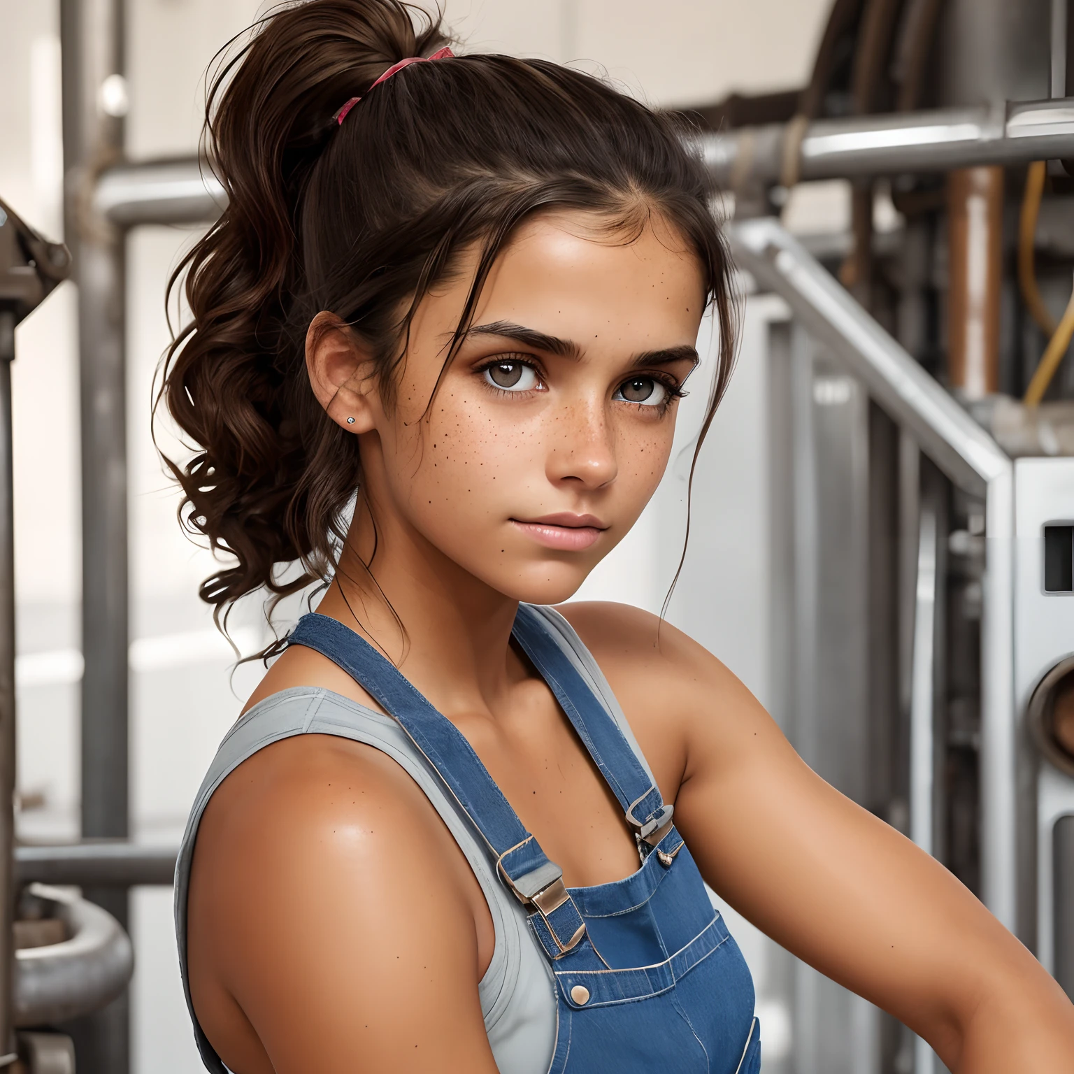 One girl with wavy dark brown hair in ponytail, tan skin, freckles, blue eyes, full-body image, neutral expression, wearing coveralls, solo, single female, factory background, dirty, grease smudge, sweating