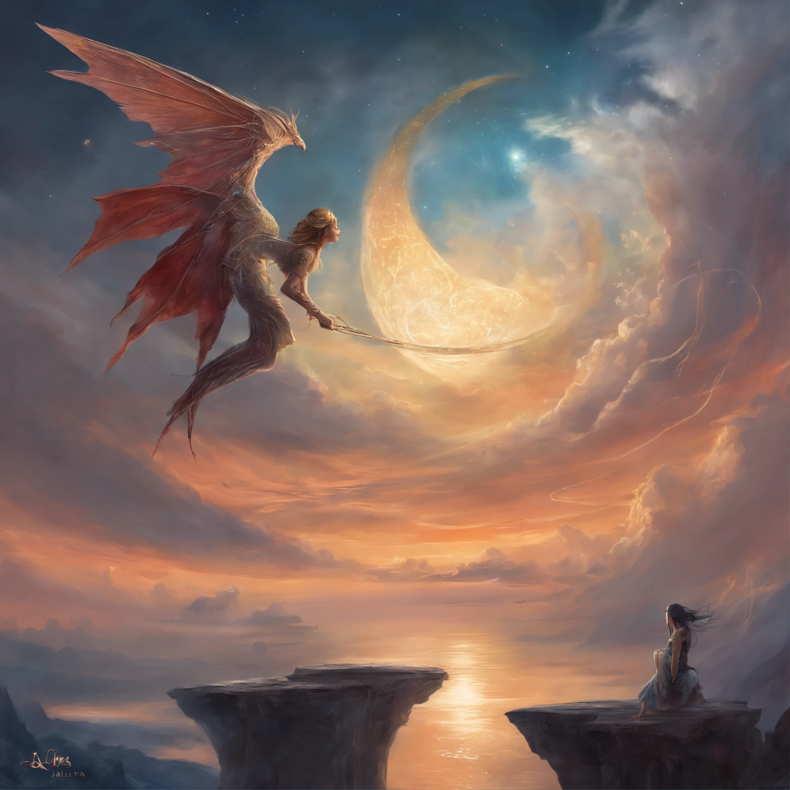 ((best quality)), ((masterpiece)), (detailed), alluring succubus, ethereal beauty, perched on a cloud, (fantasy illustration:1.3), enchanting gaze, captivating pose, delicate wings, otherworldly charm, mystical sky, (Luis Royo:1.2), (Yoshitaka Amano:1.1), moonlit night, soft colors, (detailed cloudscape:1.3), (high-resolution:1.2)