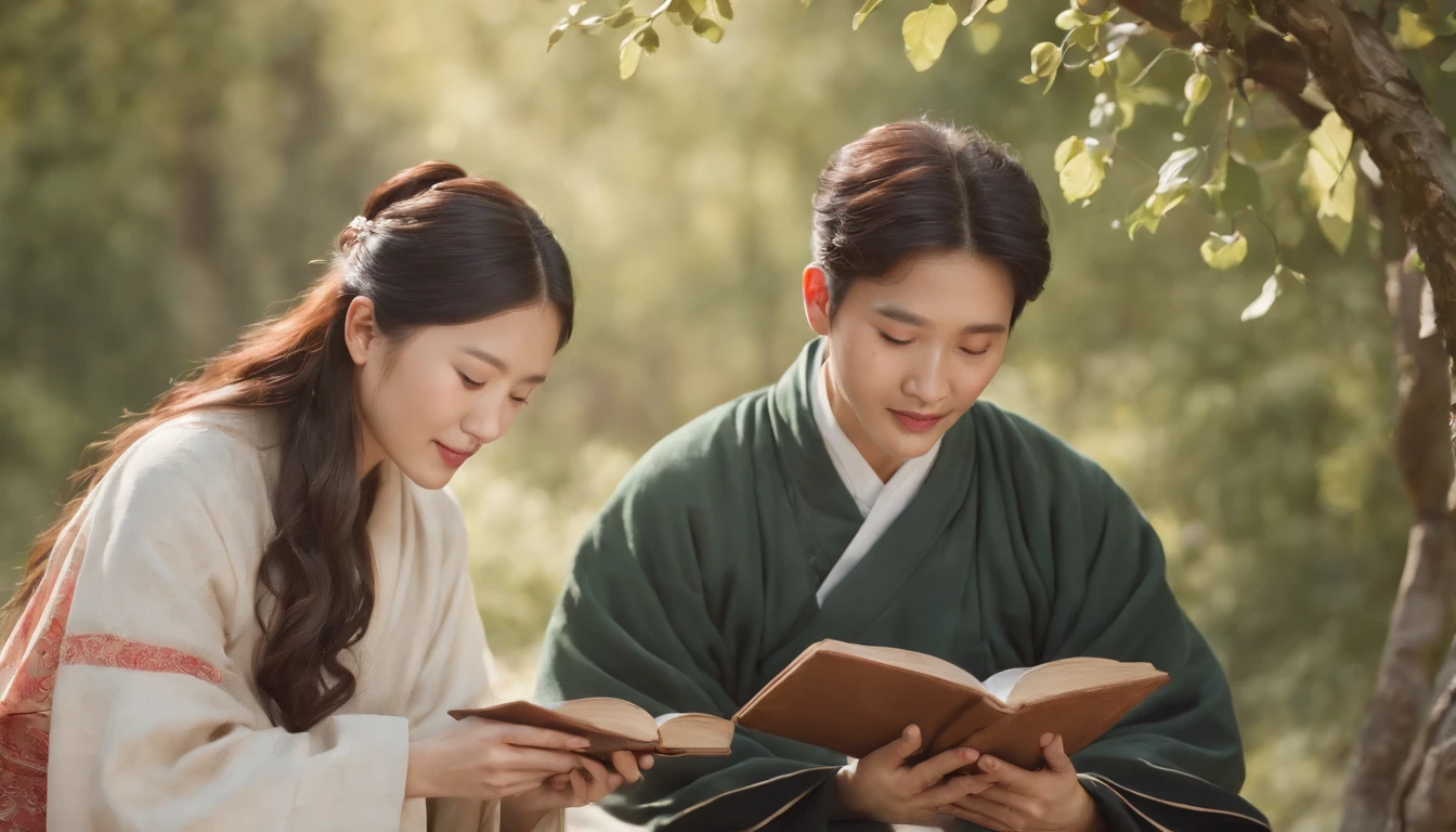 (Best Quality,Ultra-detailed,realisitic:1.37),portrait of a,Korean men and women reading the Bible,Oil Painting,Traditional Korean Costume,Peaceful garden scene,Soft sunlight,tranquil expression,wisdom,Bible Quotes,vibrant colours,delicate brushwork,subtle textures,lush greenery,Contemplative atmosphere,Beautiful picture book,Highlighted features:Eyes in focus,gentle smiling,Graceful posture,Sunlight shining through the trees,rays,Quiet surroundings,serene ambiance,A Blessed Moment