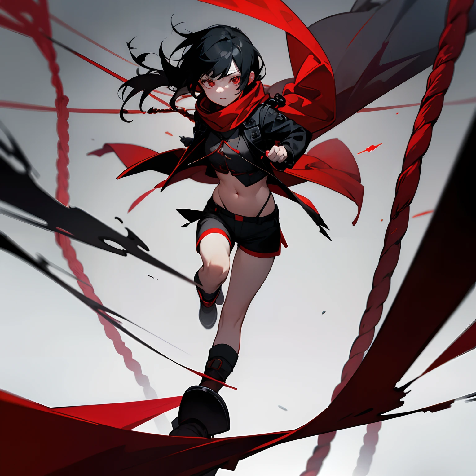 Black hair, Bright red eyes, black greatcoat, Red scarf, A coat with black engraved red runes, Empty eyes, boot,Ultra-short vest, Ultra shorts, bit girl, showing belly, 8K, Super detail,Obscene lines,NSFW,Rope binding,Croak