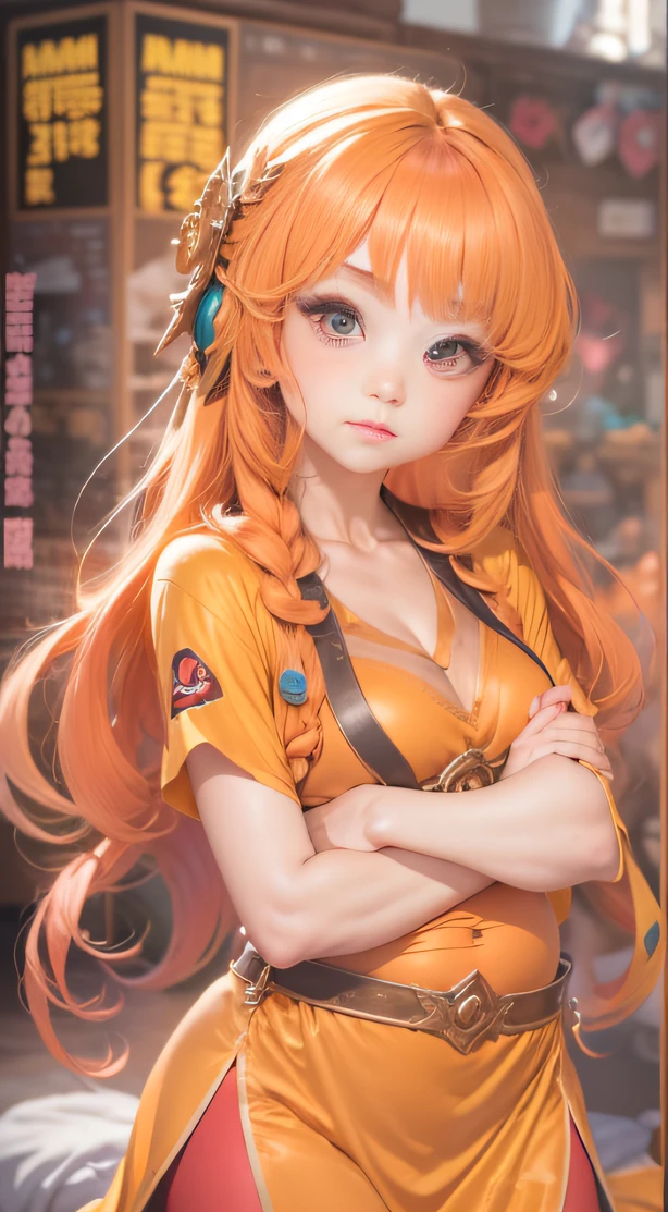 (A girl with light orange hair)(Best quality, A high resolution, Vivid colors, (Cartoon Goddess), (comic strip))Forged hammer pattern，Big belly，oguchi，sedate，massiness，Shiny and warm