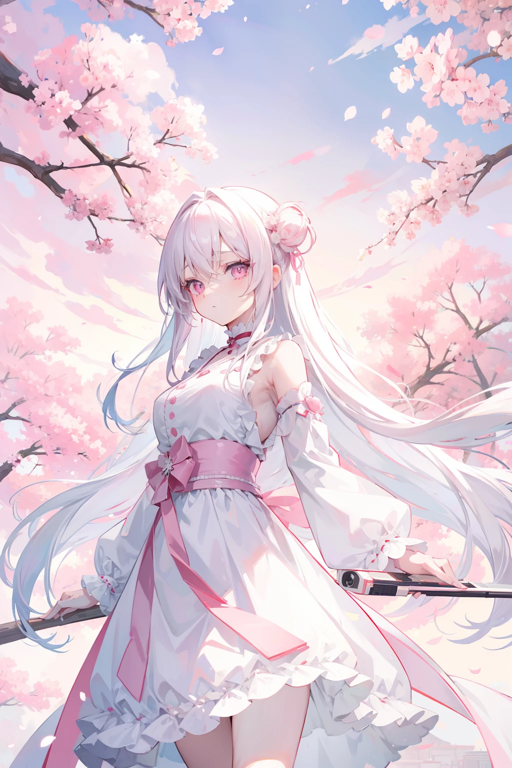anime girl, long white hair, pastel pink eyes, in a beautiful white dress, looking down at the camera, with a beautiful background of a city with sakura trees, good anatomy, 8k, high resolution
