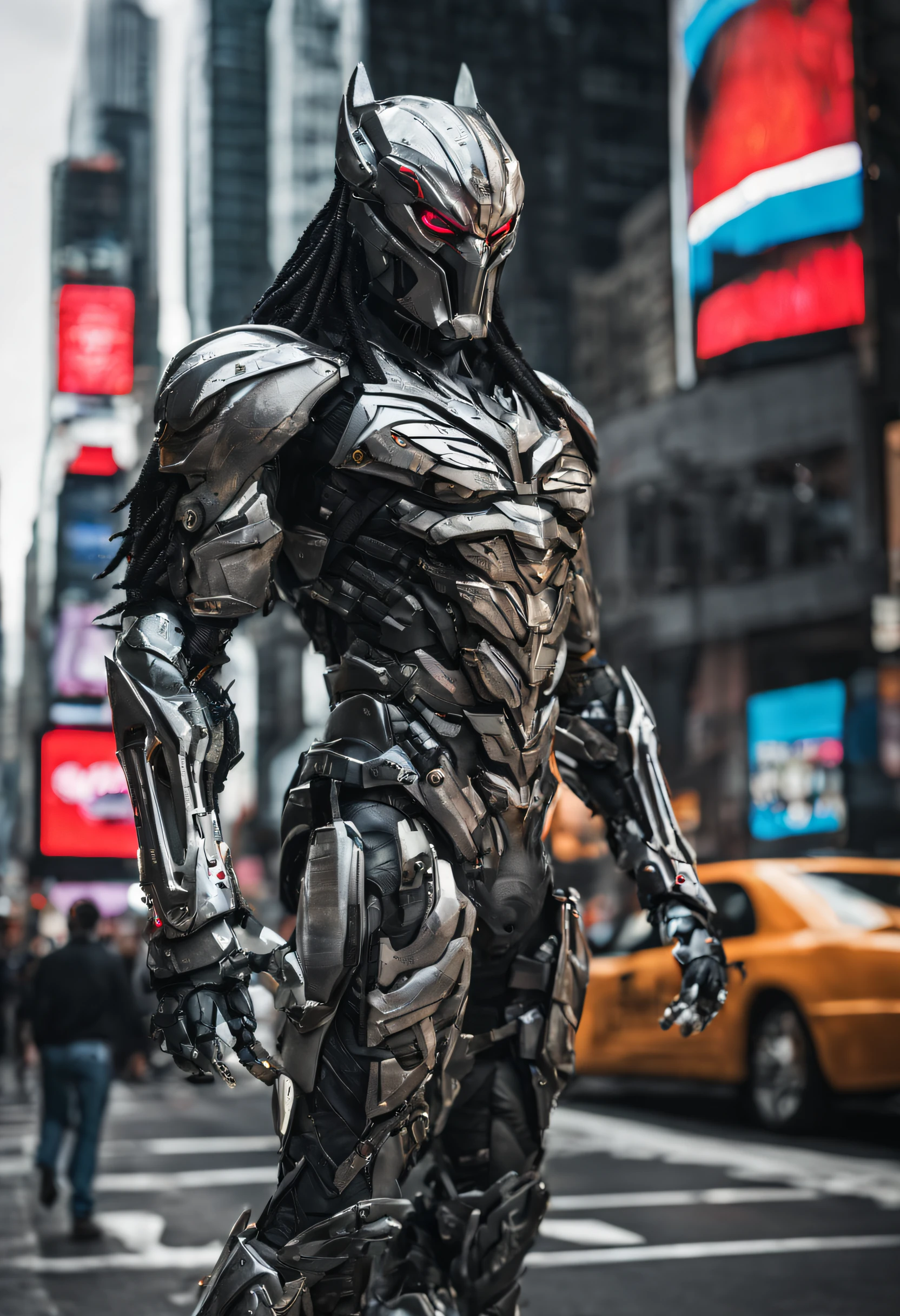 new york, time square, predator,full body photo,gray skin with scales, Cybernetic, technological silver and black armor details, Robotic armor, Batman, Authentic background