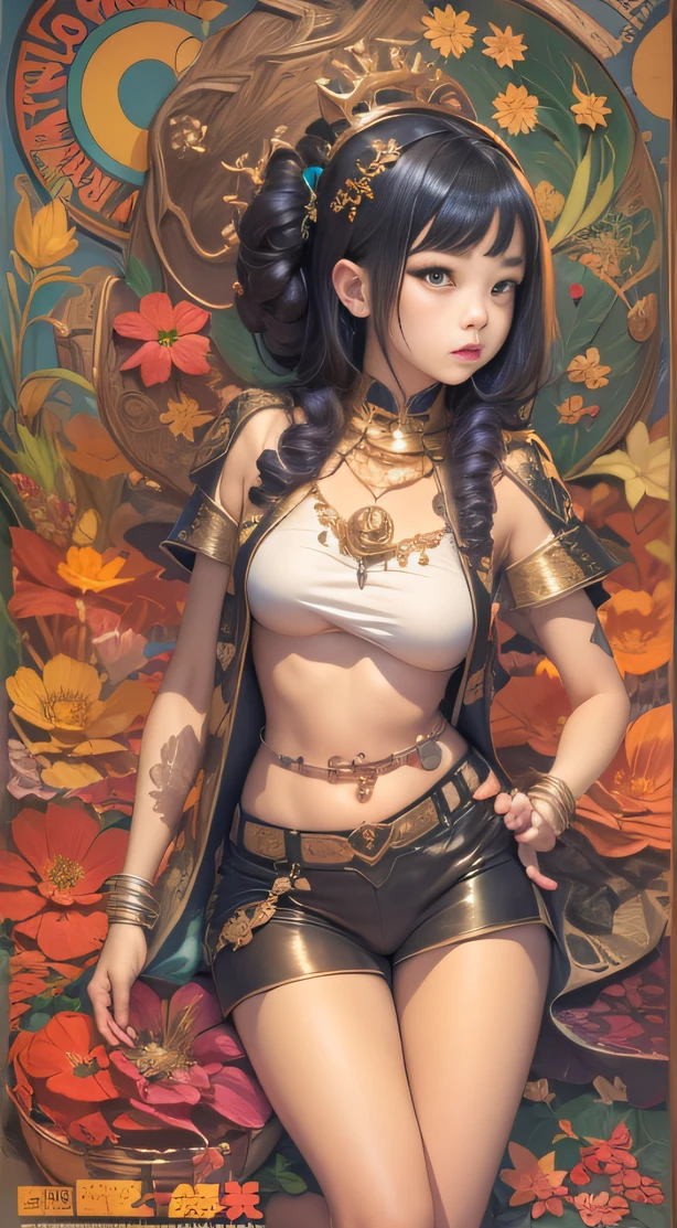 (Girl with bright black hair)(Best quality, A high resolution, Vivid colors, (Cartoon Goddess), (comic strip))Forged hammer pattern，Big belly，oguchi，sedate，massiness，Shiny and warm