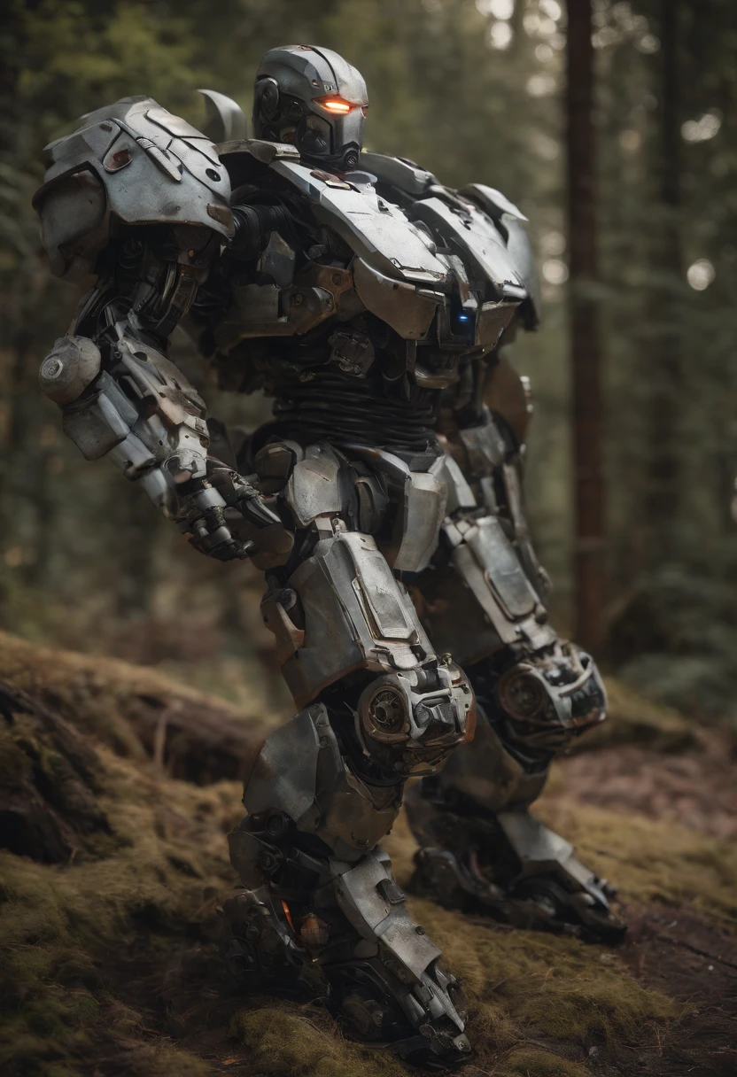 Superman Mech, Action Pose, Complex 3D rendering of beautiful and fascinating biomechanical male robot, Mythical Alien Jaeger Mech, powerful, evil, 3d render, in the style of natural fractal armor, Chromecore armor, Robotcore, cyberpunk, photorealistic, standing at a distance in middle of valley, wide angle view