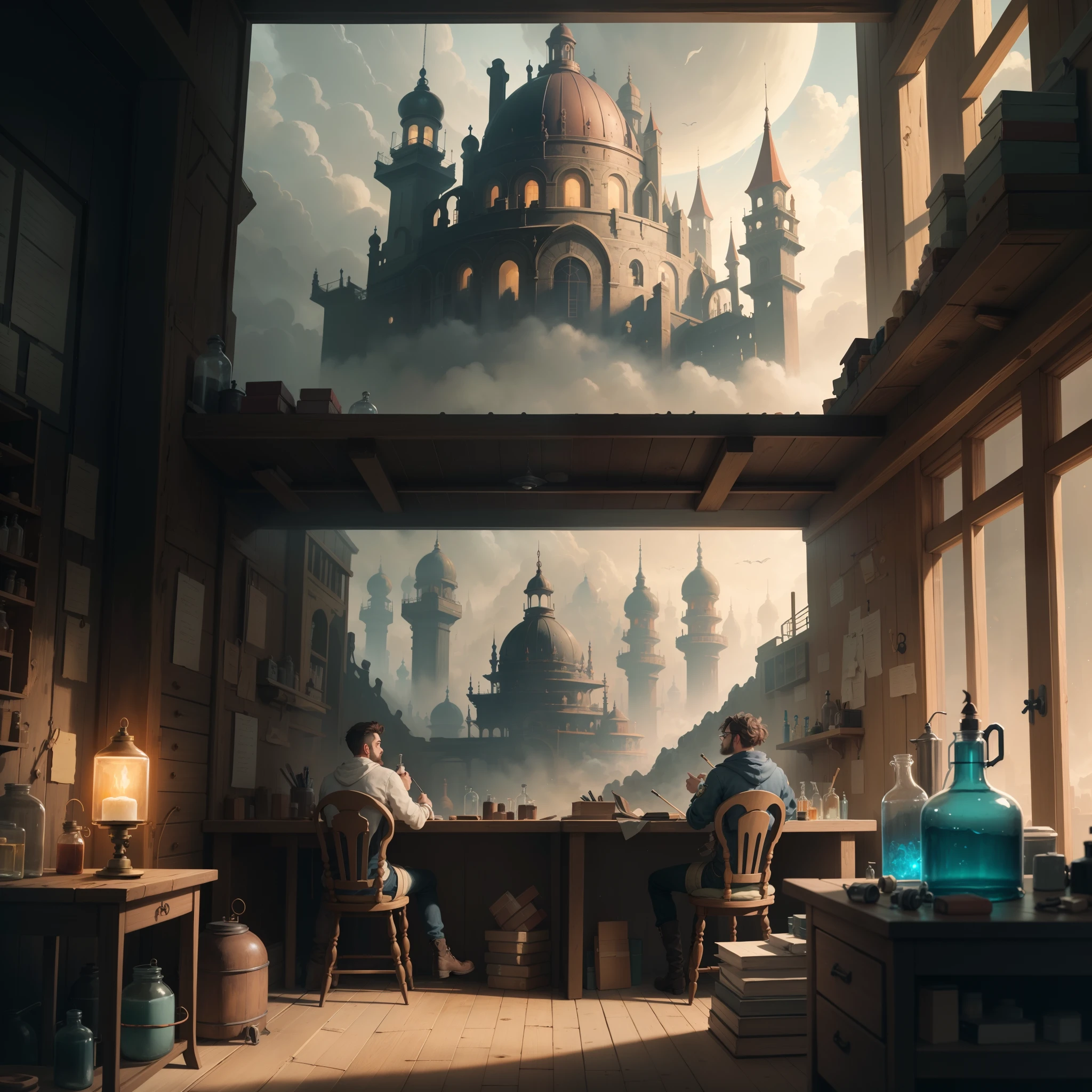 there is a room with a desk and a chair in it, fantasy alchemist laboratory, magic laboratory setting, mysterious laboratory, in a steampunk laboratory, magic lab background, wizards laboratory, surreal sci fi set design, science fantasy painting, 8 k high detail concept art, alchemy laboratory, highly detailed matte painting, realistic fantasy render, surrealism 8k, he is in a alchemist lab,