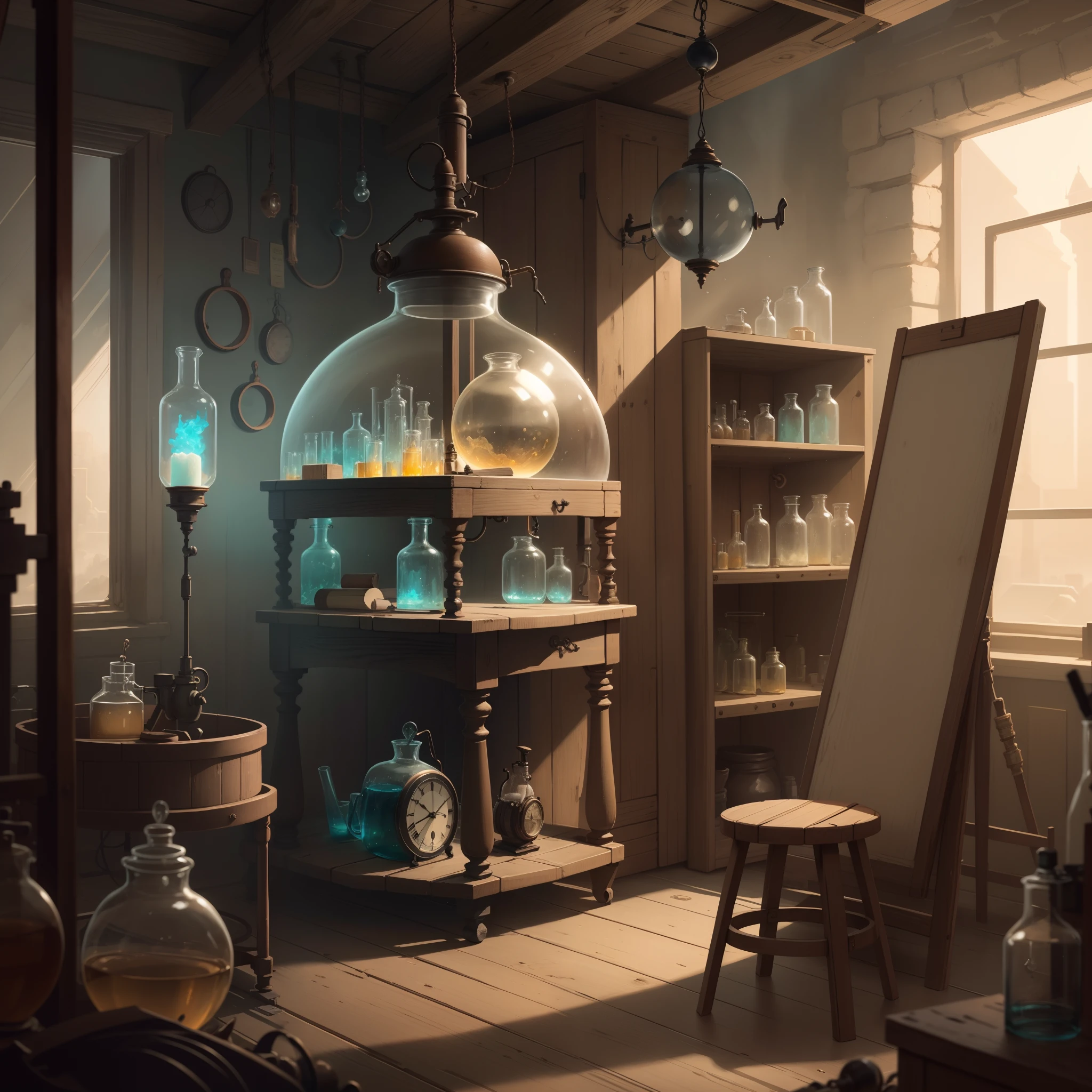 there is a room with a desk and a chair in it, fantasy alchemist laboratory, magic laboratory setting, mysterious laboratory, in a steampunk laboratory, magic lab background, wizards laboratory, surreal sci fi set design, science fantasy painting, 8 k high detail concept art, alchemy laboratory, highly detailed matte painting, realistic fantasy render, surrealism 8k, he is in a alchemist lab,