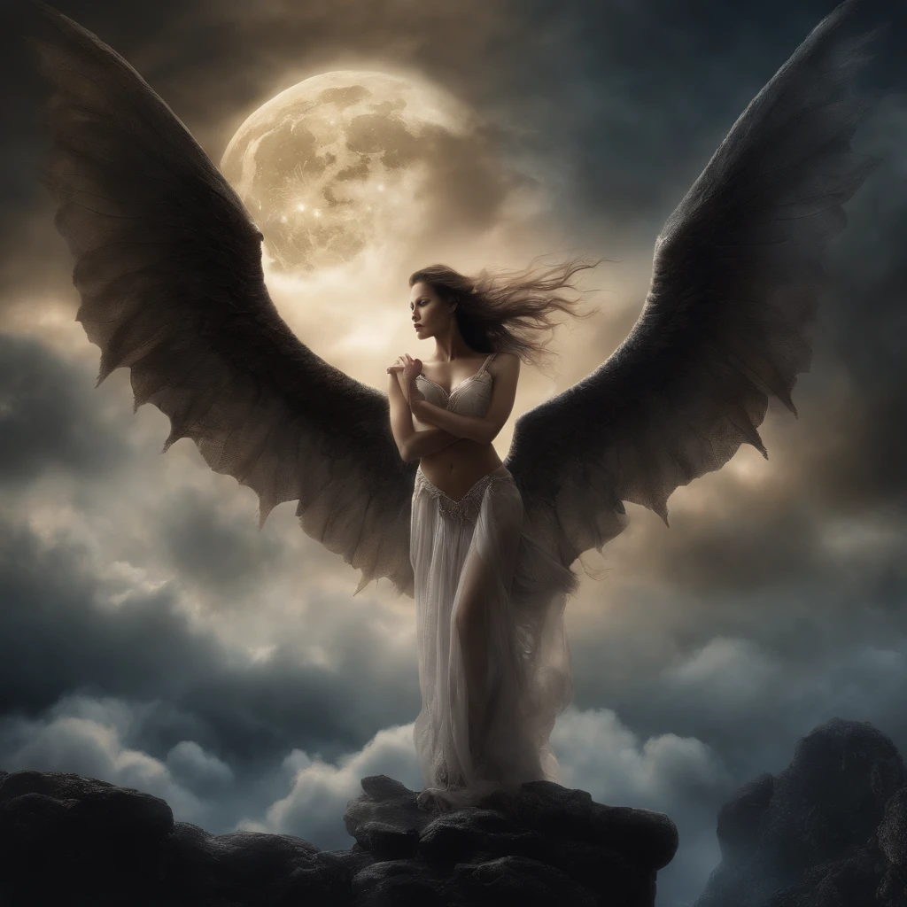 ((best quality)), ((masterpiece)), (detailed), alluring succubus, ethereal beauty, perched on a cloud, (fantasy illustration:1.3), enchanting gaze, captivating pose, delicate wings, otherworldly charm, mystical sky, (Luis Royo:1.2), (Yoshitaka Amano:1.1), moonlit night, soft colors, (detailed cloudscape:1.3), (high-resolution:1.2)