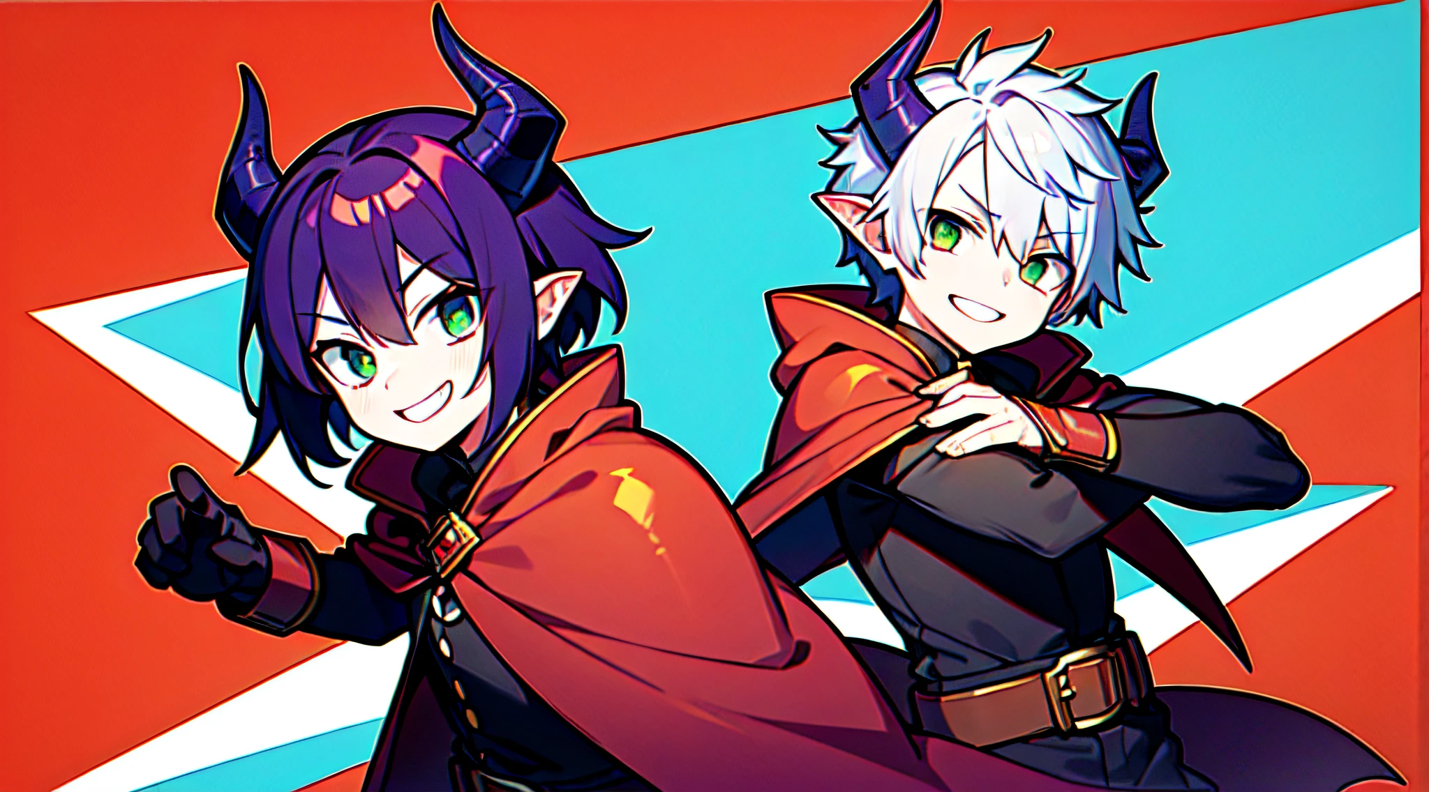 top-quality、​masterpiece、Boy with short purple hair、Green eyes、demonic horns、A smile、red cloak、combat pose、Thumbnail image、Blue background