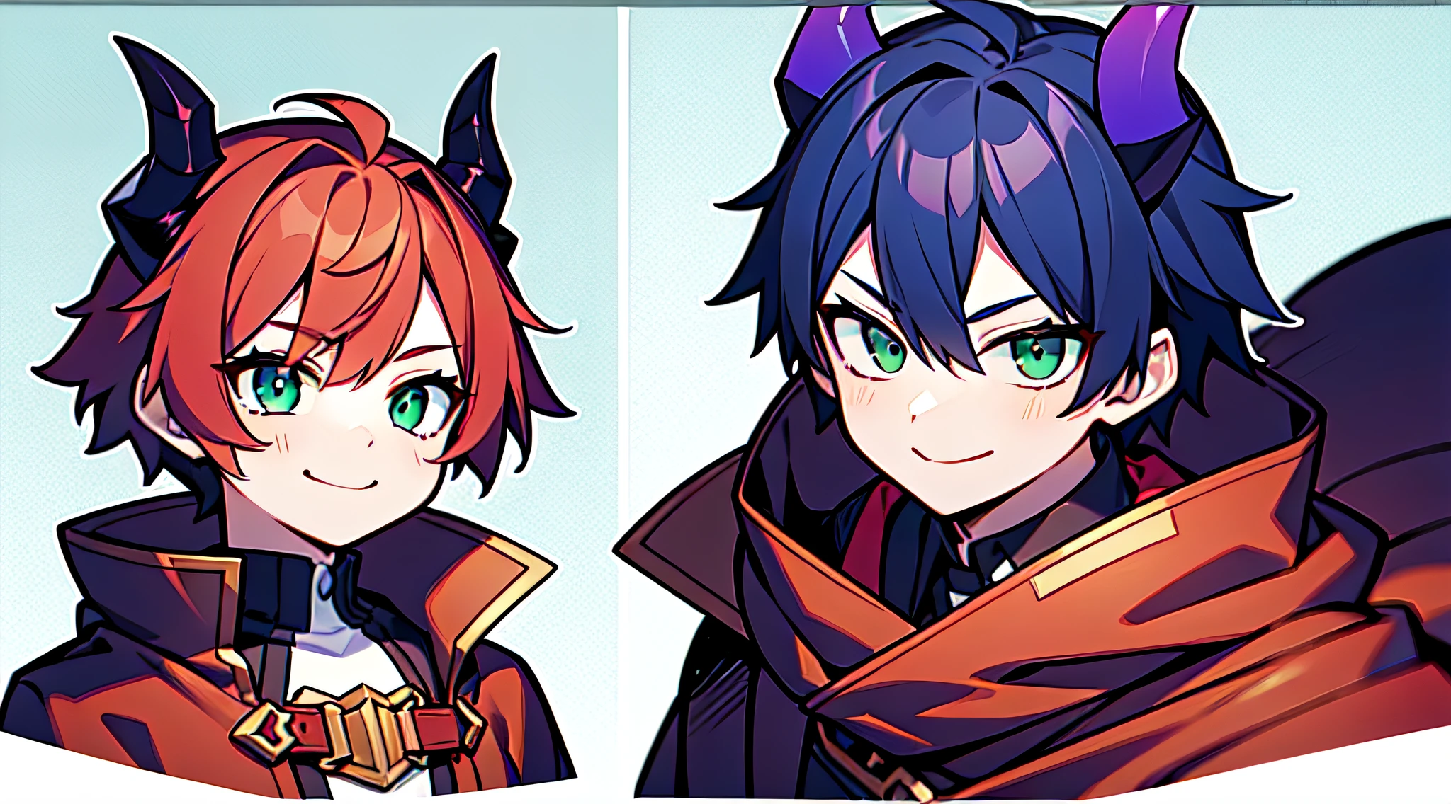 top-quality、​masterpiece、Boy with short purple hair、Green eyes、demonic horns、A smile、red cloak、combat pose、Thumbnail image、Blue background