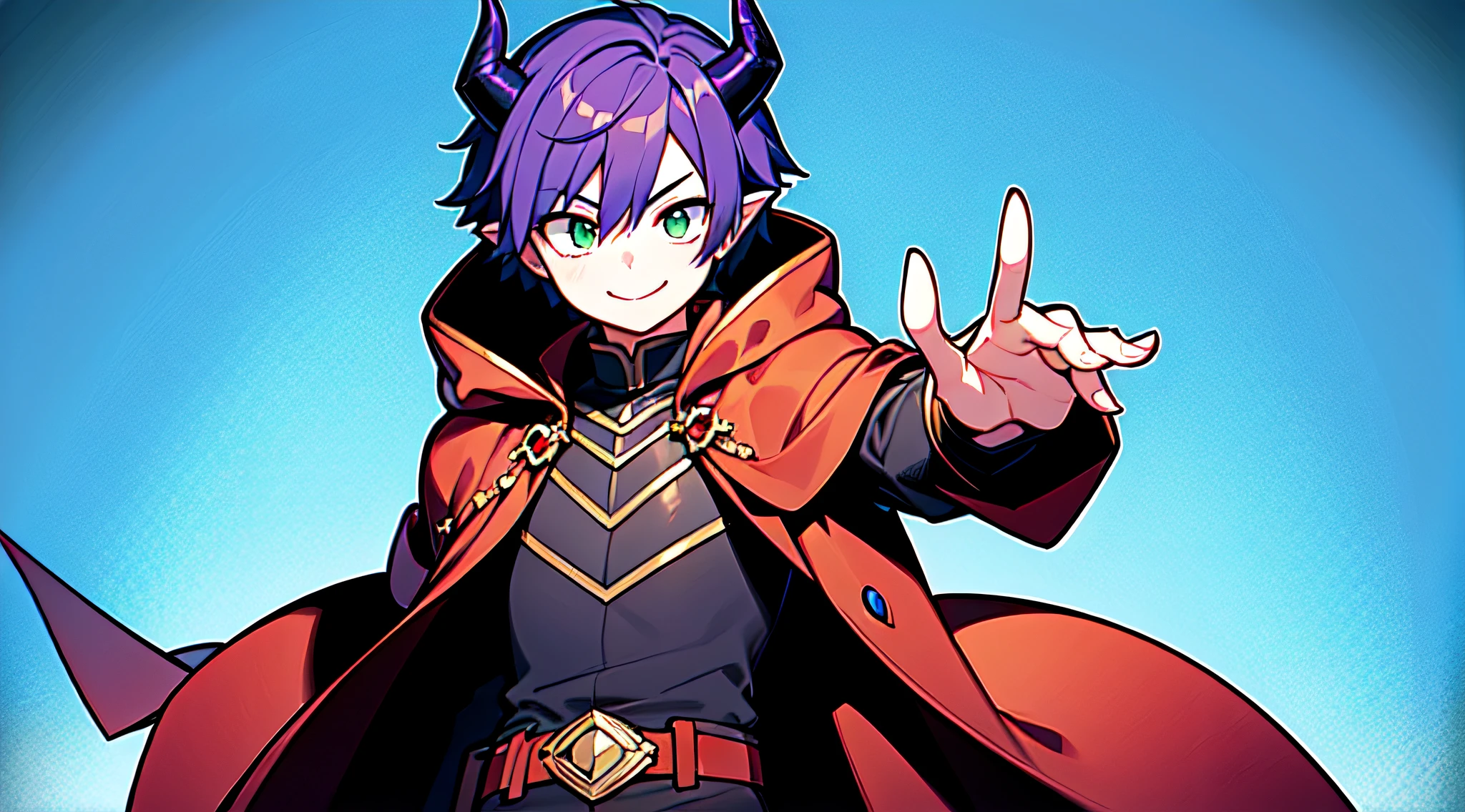 top-quality、​masterpiece、Boy with short purple hair、Green eyes、demonic horns、A smile、red cloak、combat pose、Thumbnail image、Blue background