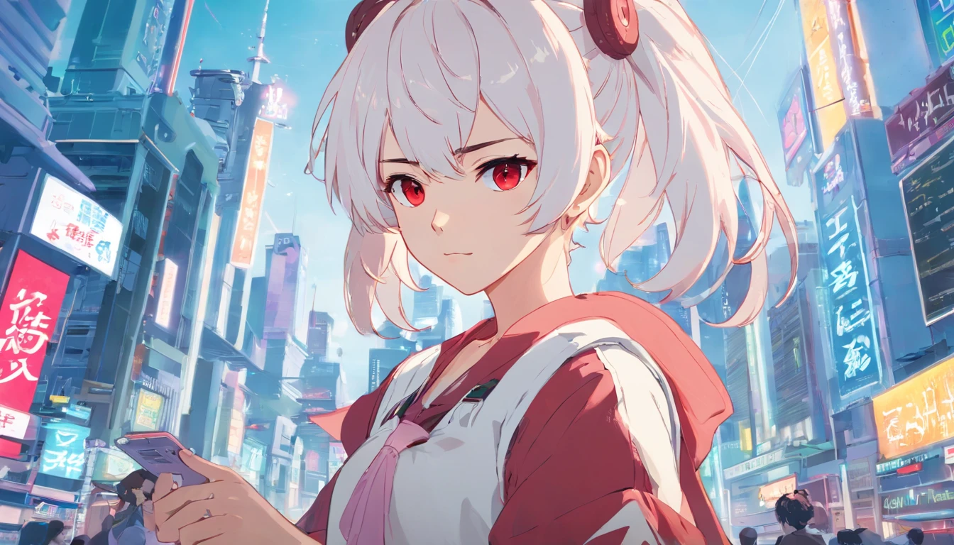 1boy, white color hair,Double ponytail curls,red color eyes,White ta,Beth,cyberpunk baclground