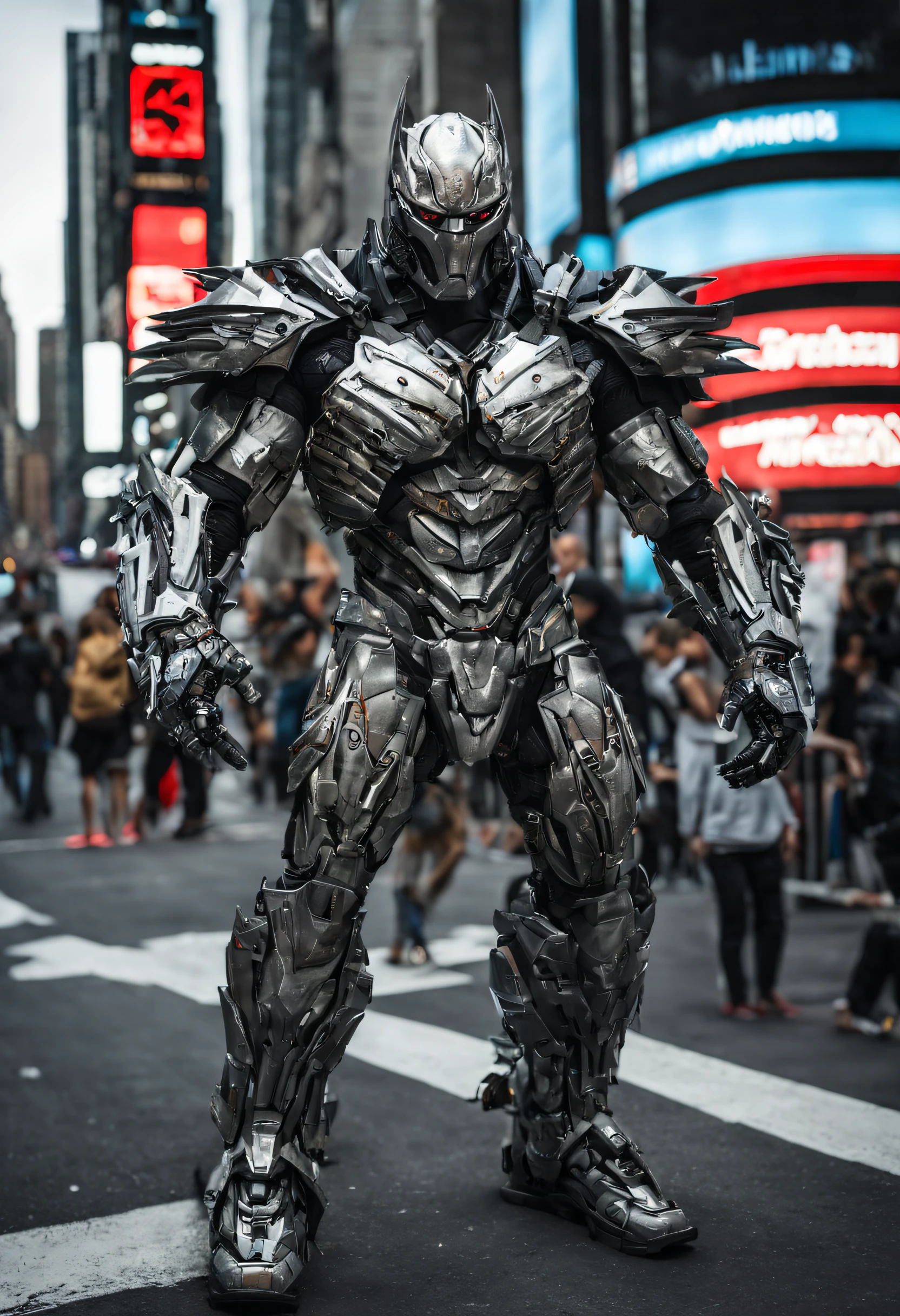 new york, time square, predator,full body photo,gray skin with scales, Cybernetic, technological silver and black armor details, Robotic armor, Batman, Authentic background