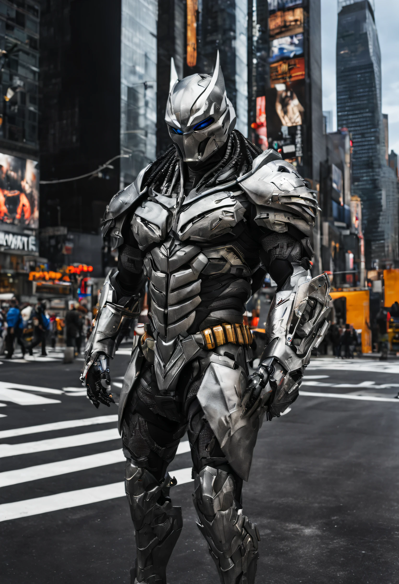 new york, time square, predator，full body photo，gray skin with scales, Cybernetic, technological silver and black armor details, Robotic armor, Batman, Authentic background